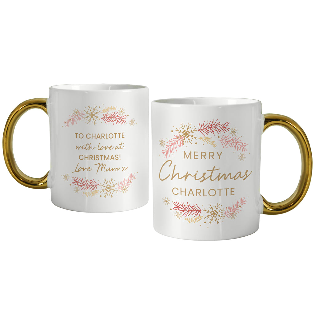 Personalised Pink & Gold Wreath Gold Handled Mug