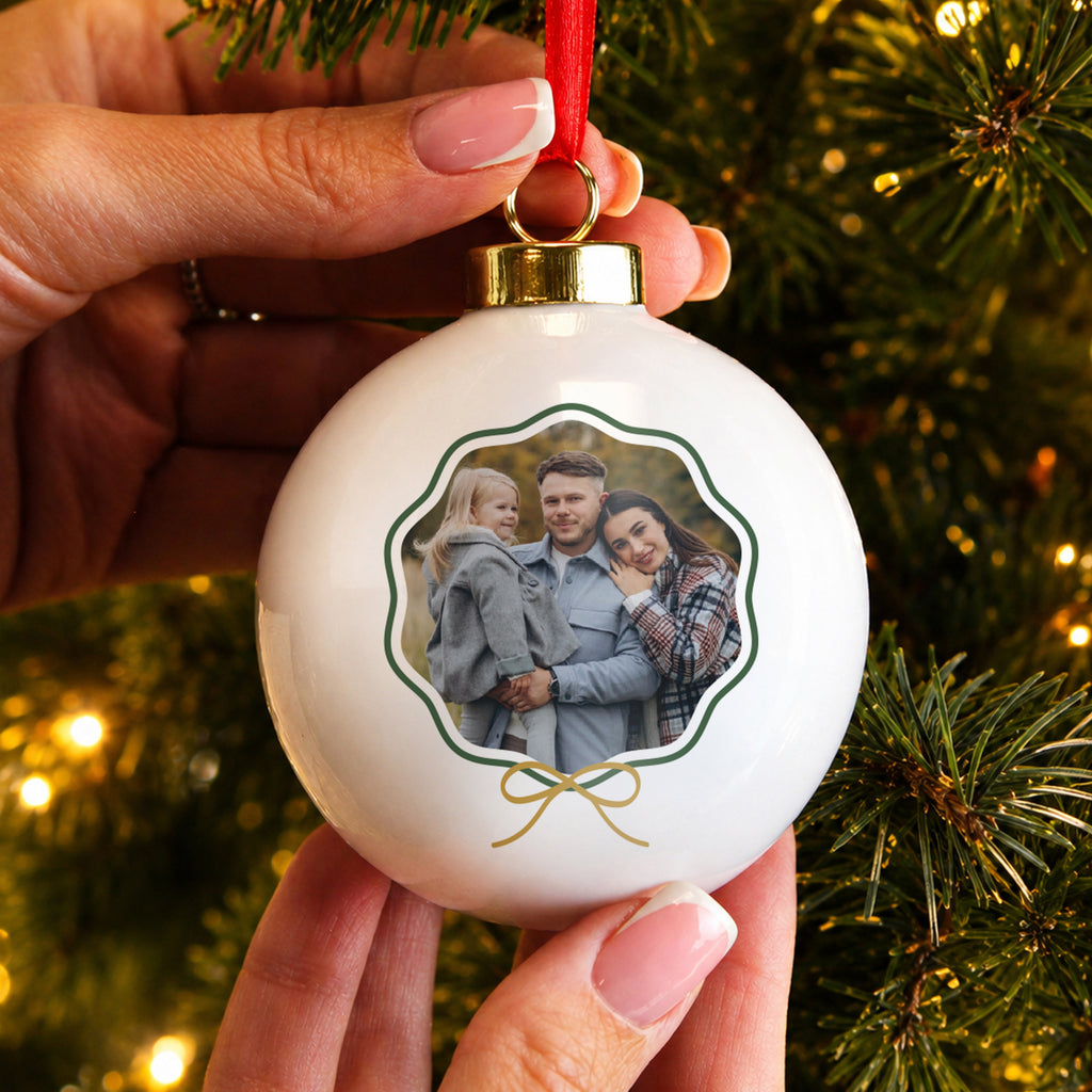 Personalised Scallop Bow Photo Upload Ceramic Bauble