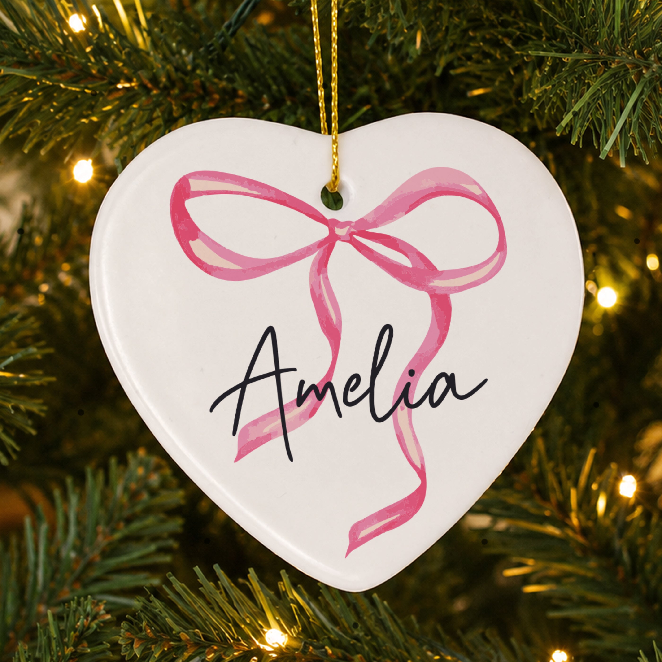 Personalised Pink Bow Ceramic Heart Decoration