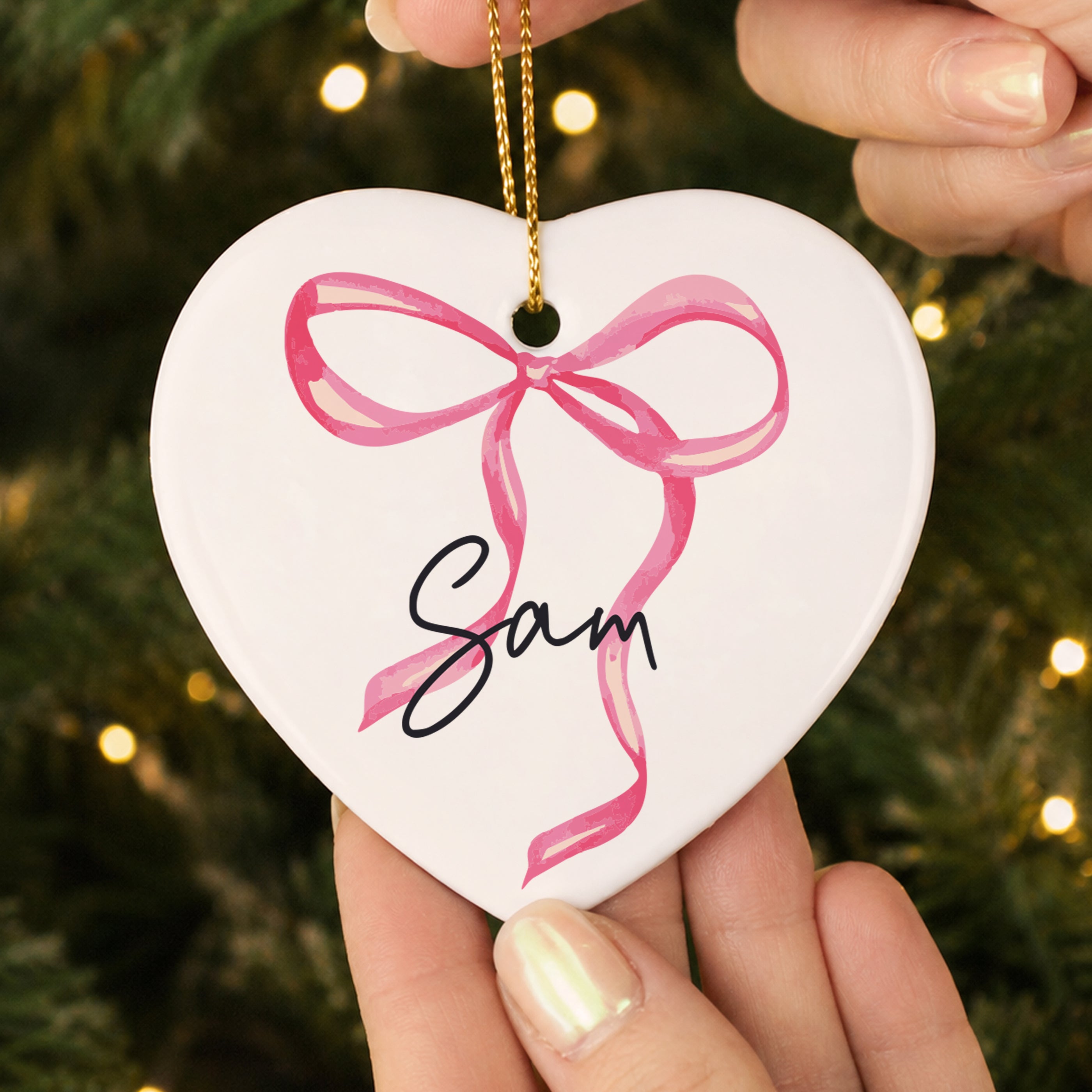 Personalised Pink Bow Ceramic Heart Decoration