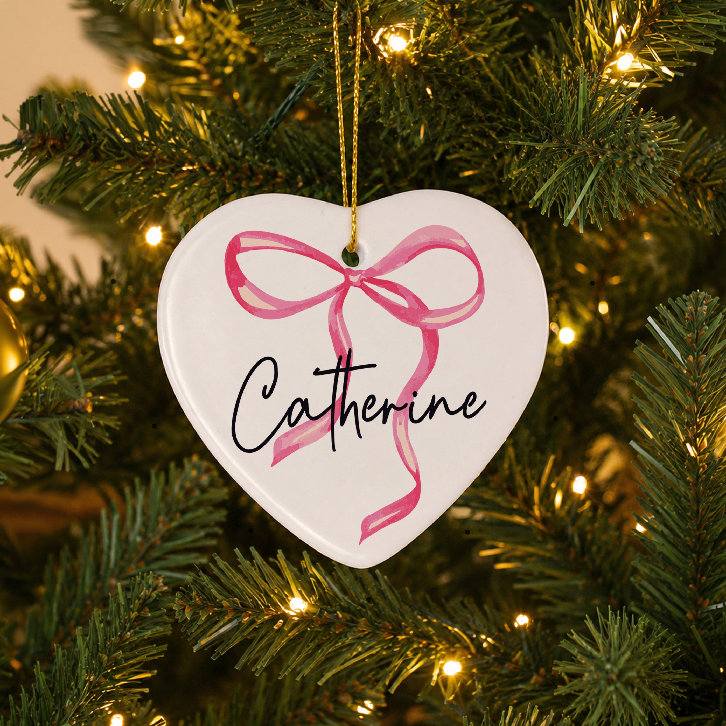 Personalised Pink Bow Ceramic Heart Decoration