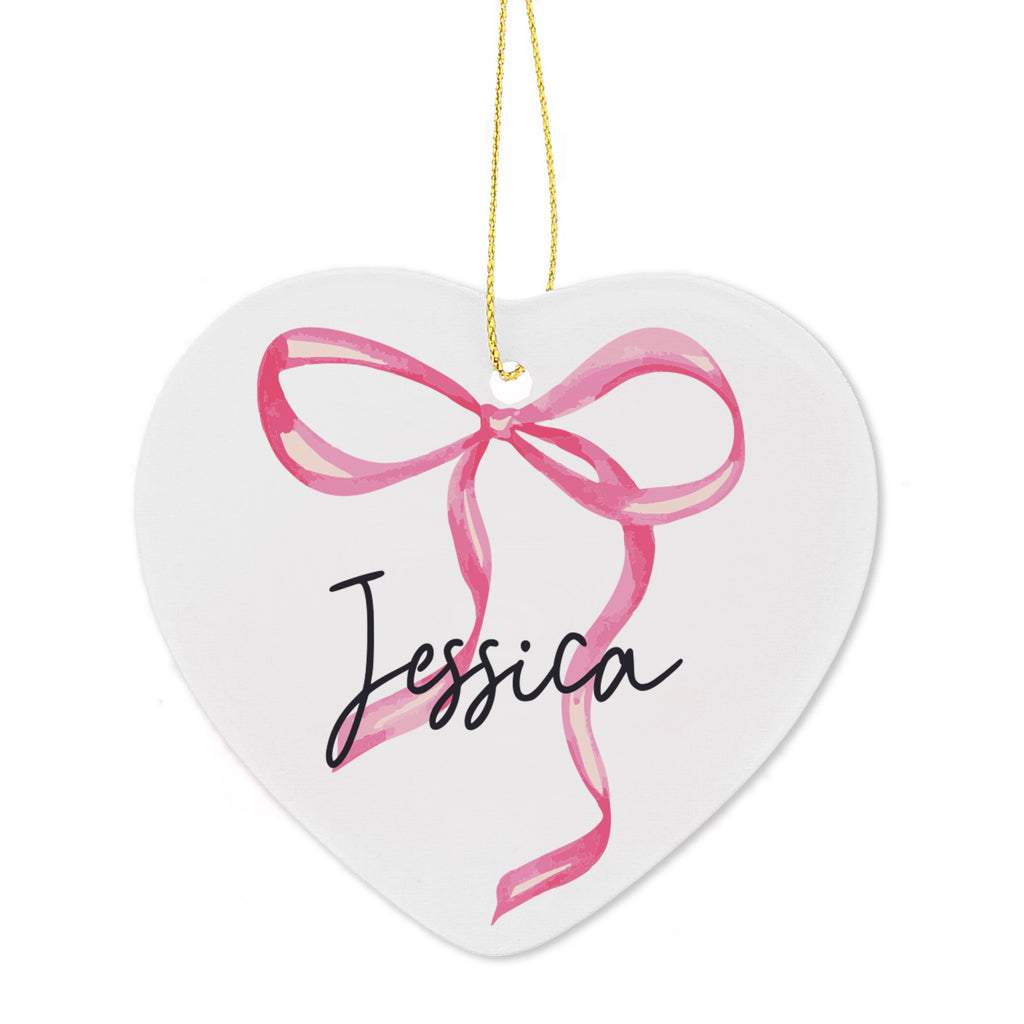 Personalised Pink Bow Ceramic Heart Decoration
