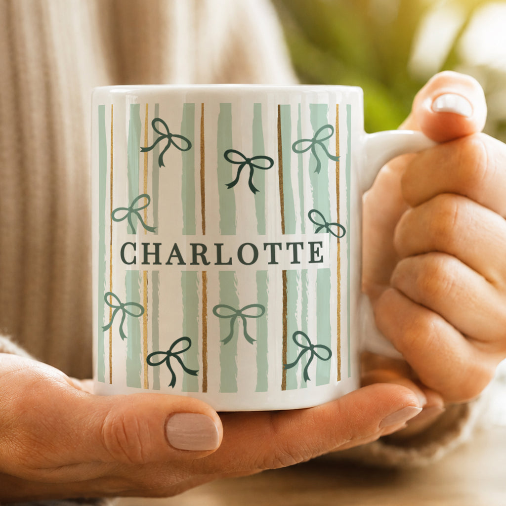 Personalised Green Stripe Bow Mug