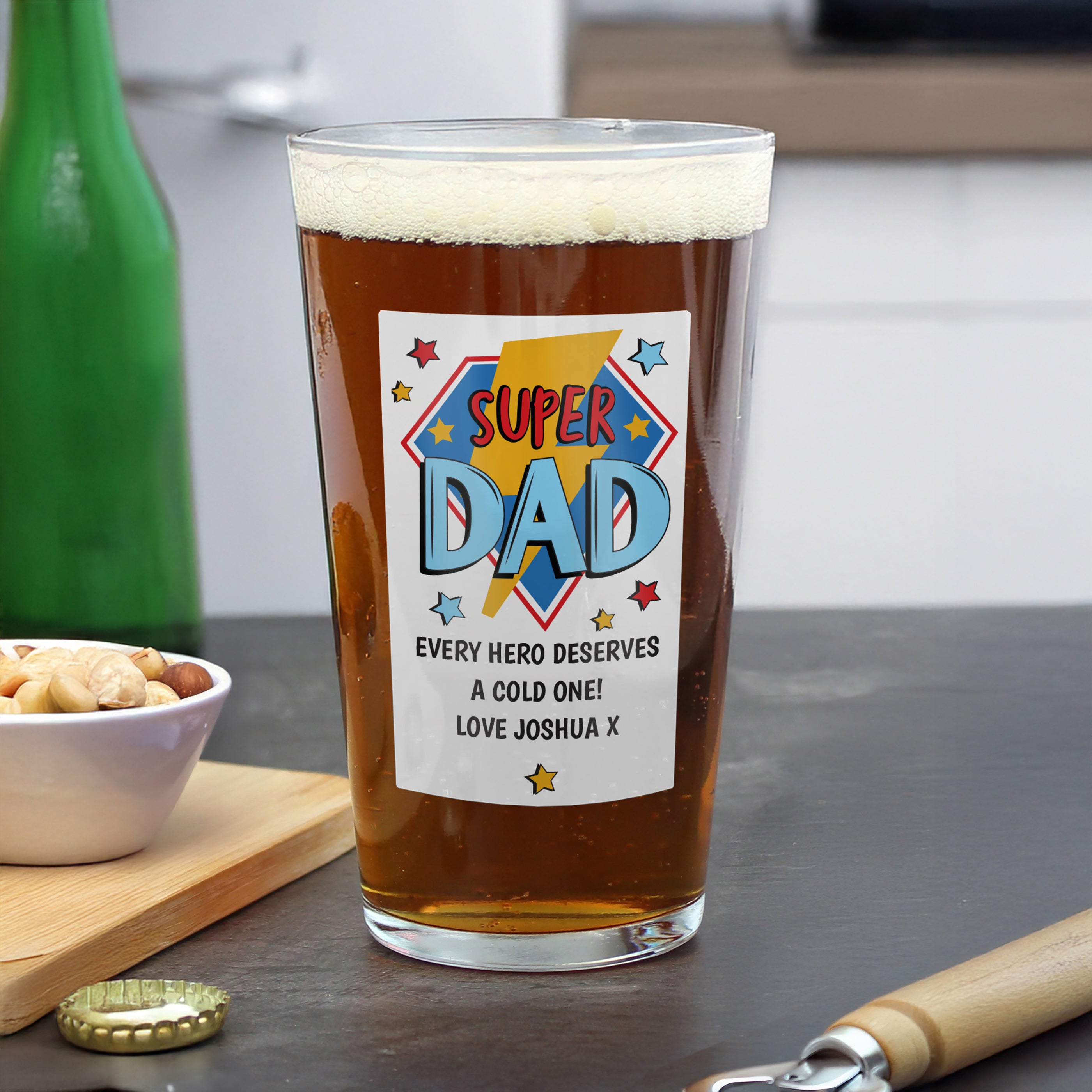 Personalised Super Dad Printed Beer Glass