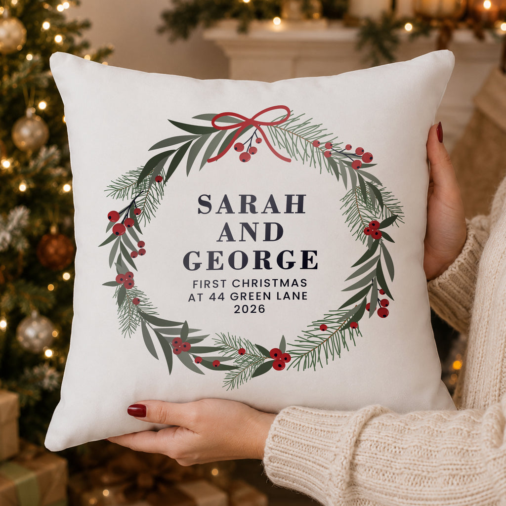 Personalised Green Christmas Wreath Cushion