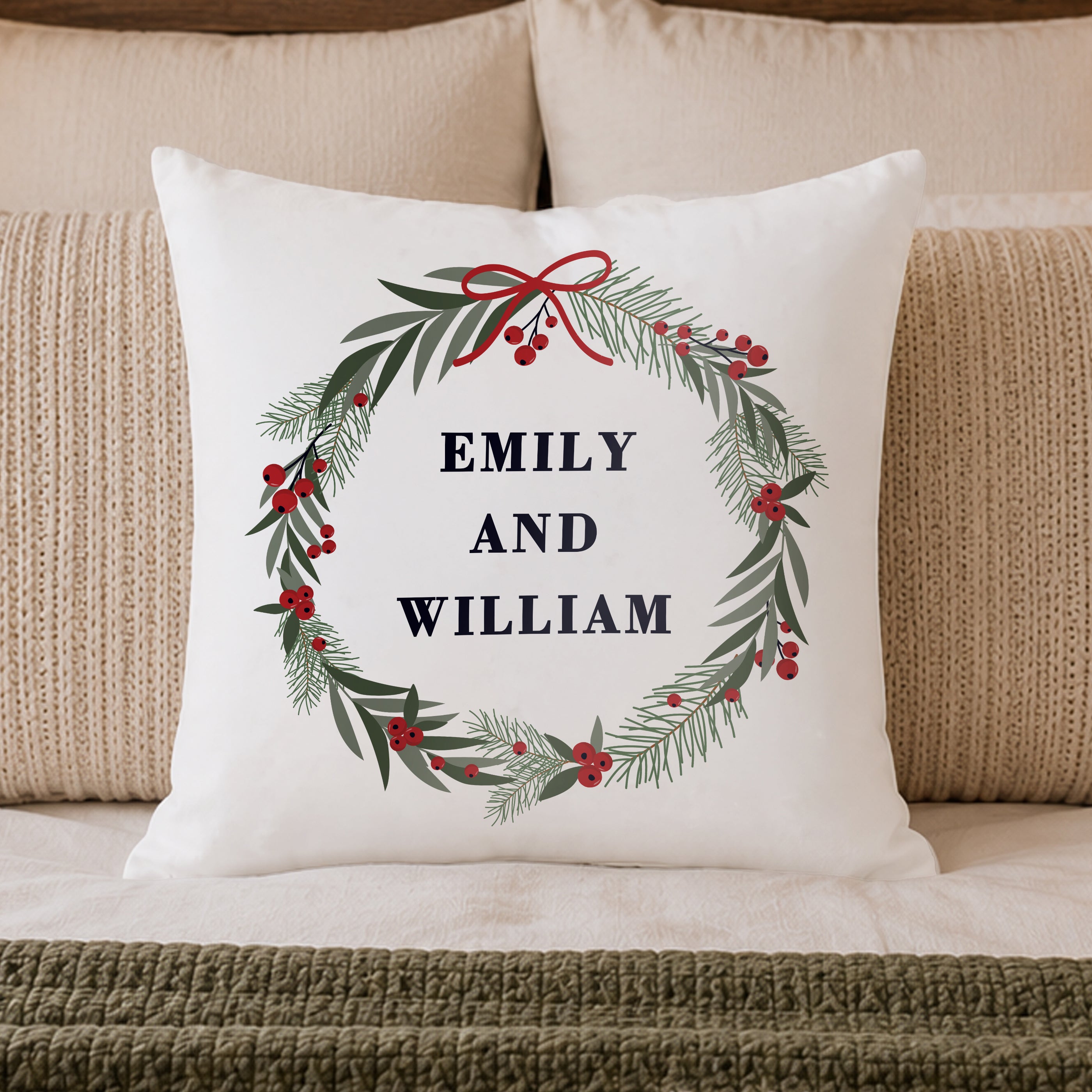 Personalised Green Christmas Wreath Cushion