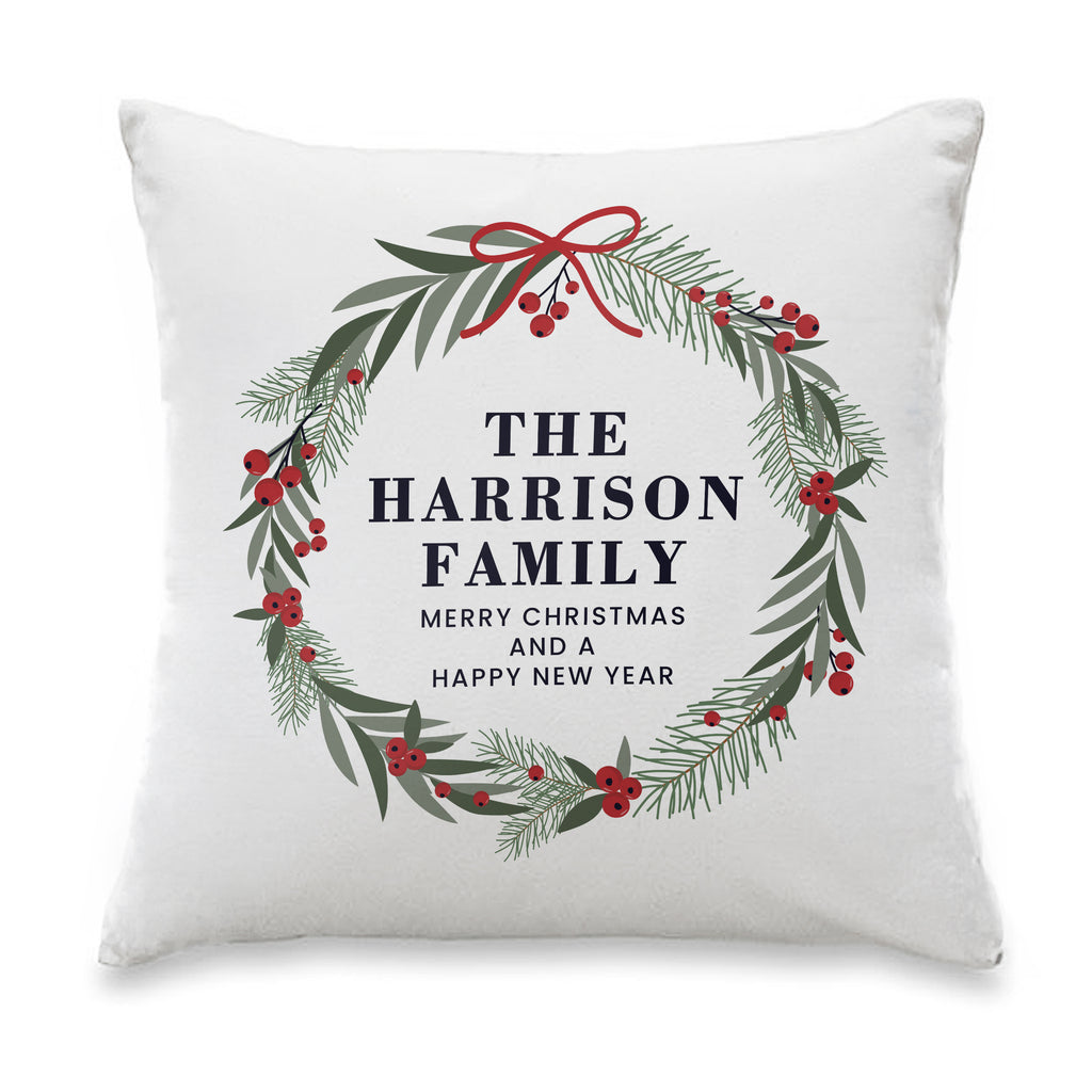 Personalised Green Christmas Wreath Cushion