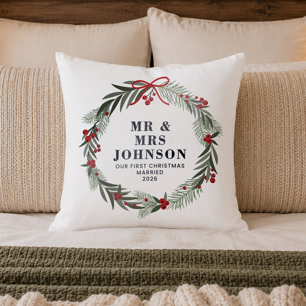 Personalised Green Christmas Wreath Cushion