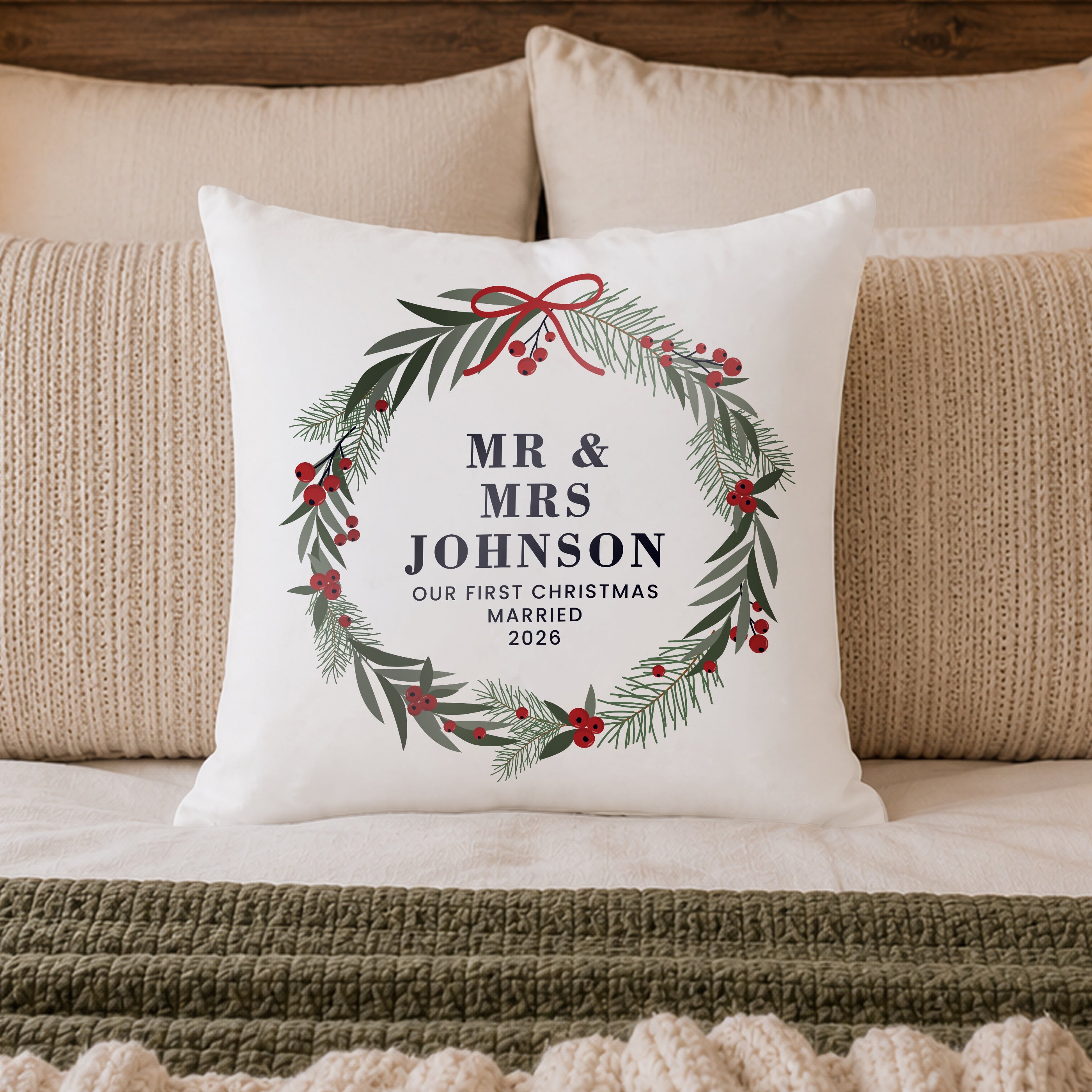 Personalised Green Christmas Wreath Cushion