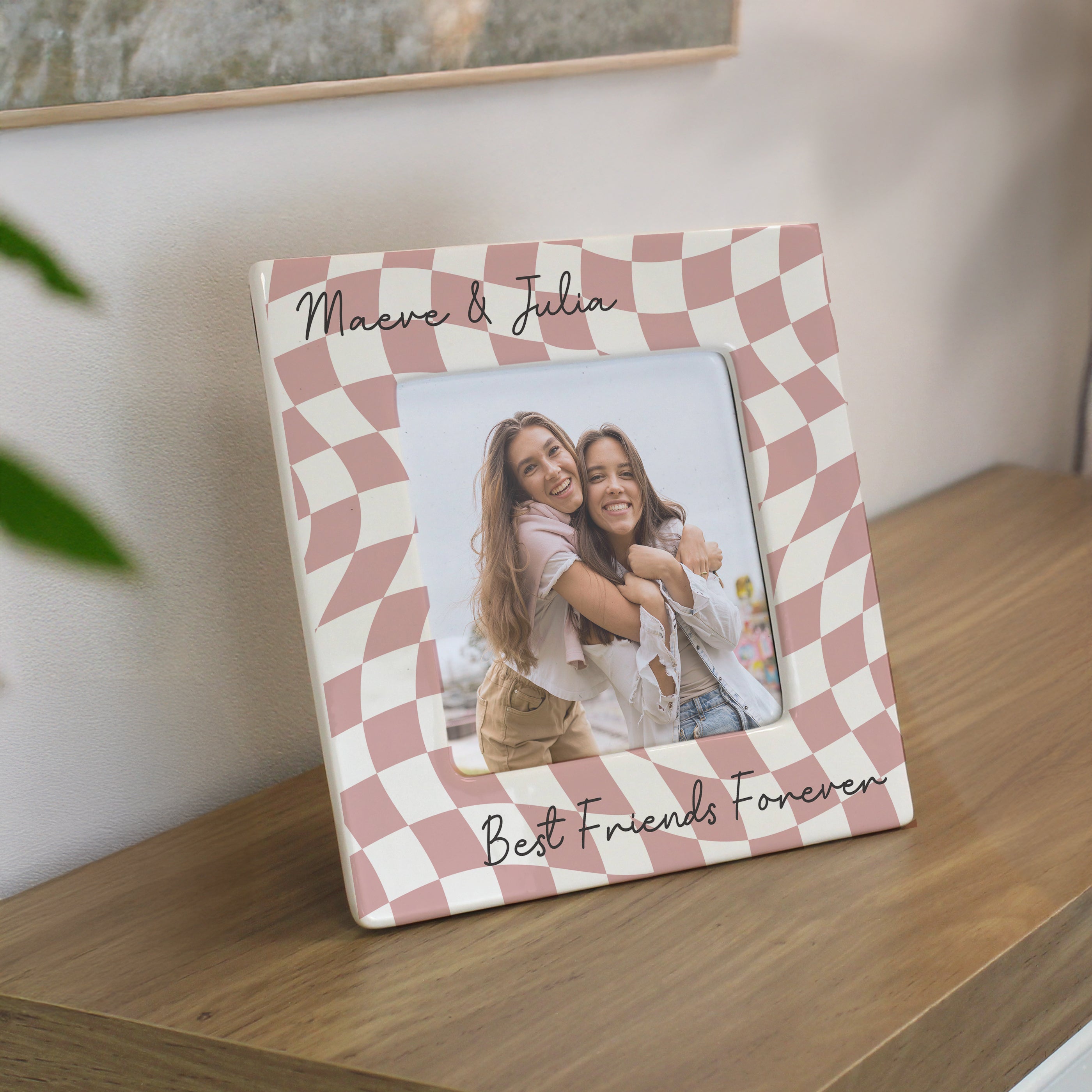 Personalised Pink Checkerboard Ceramic 4x4 Frame
