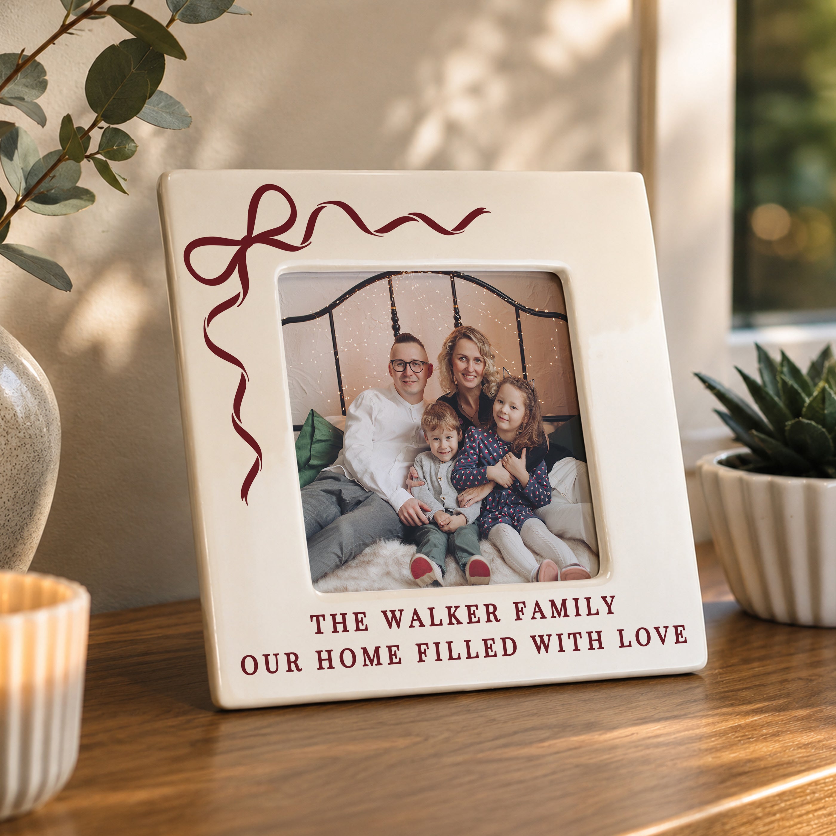 Personalised Red Bow Ceramic 4x4 Frame