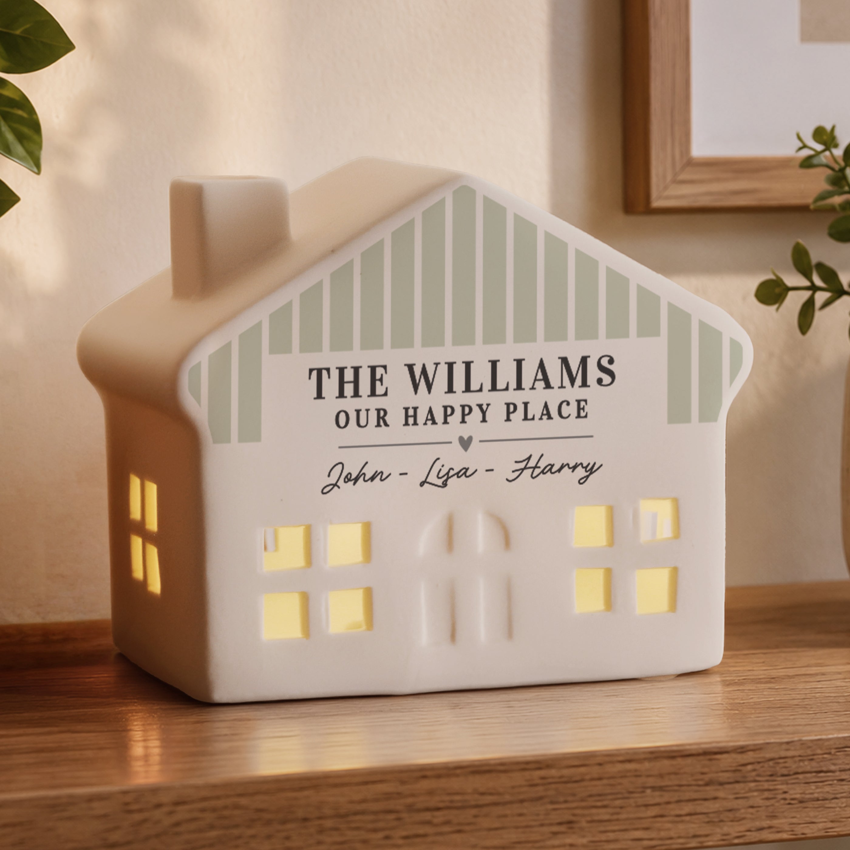 Personalised Green Stripe LED Ceramic House Ornament