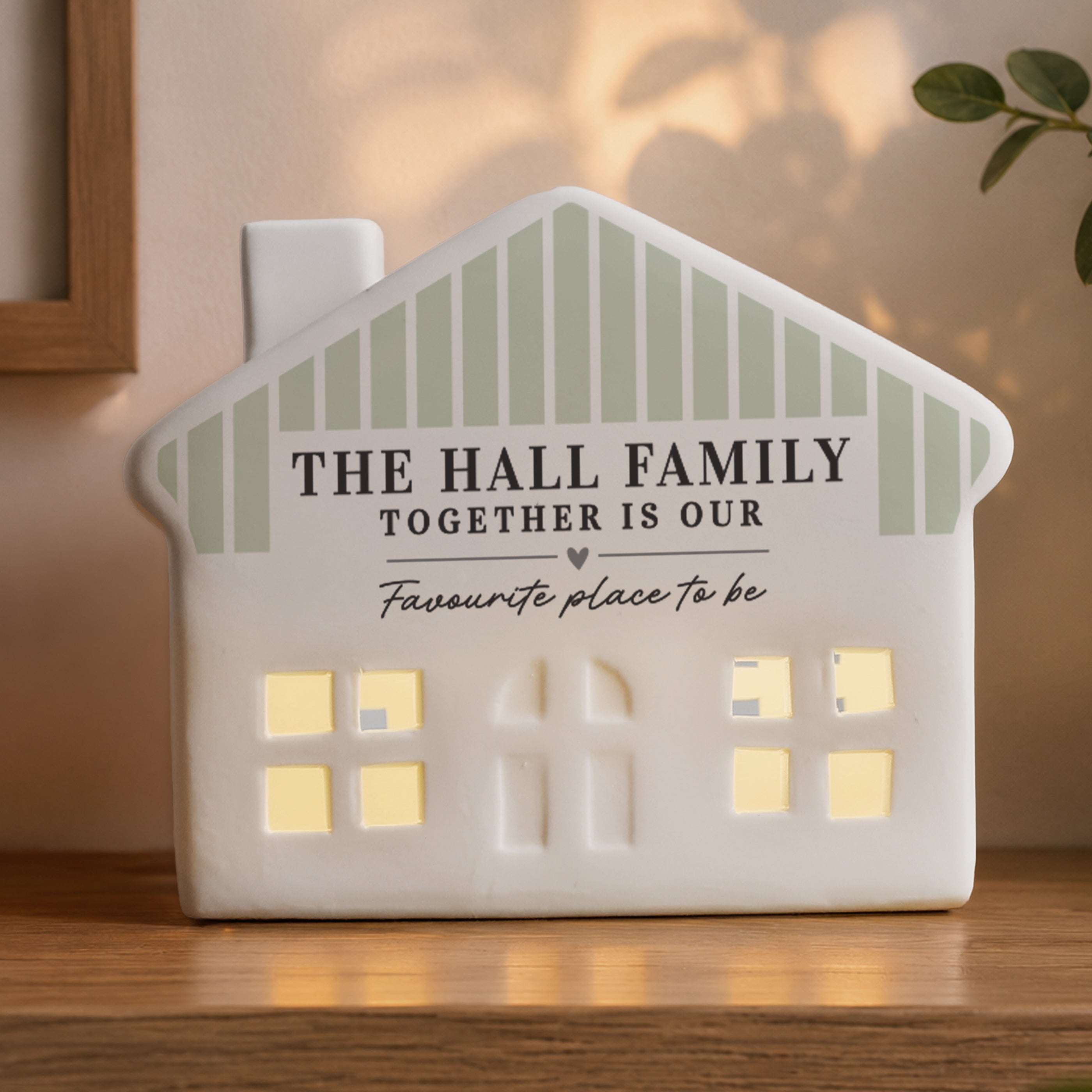 Personalised Green Stripe LED Ceramic House Ornament