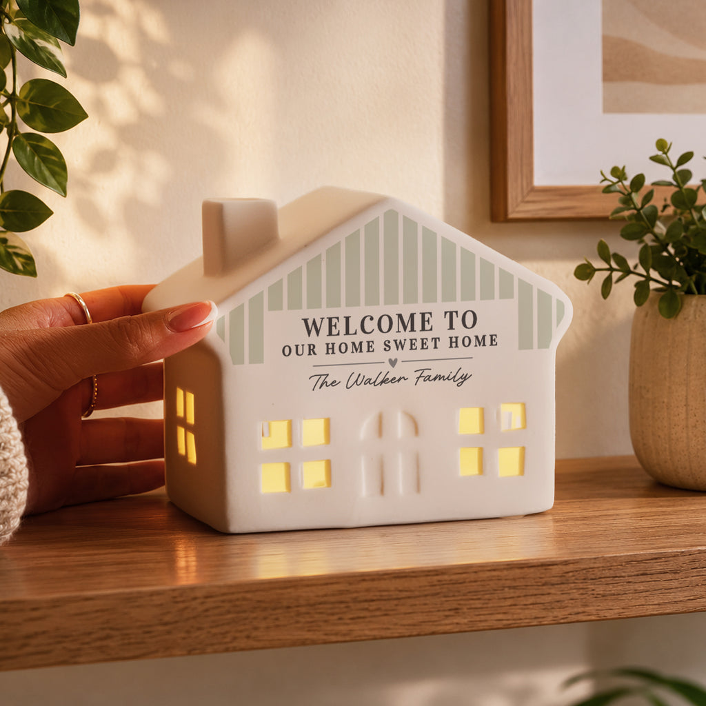 Personalised Green Stripe LED Ceramic House Ornament