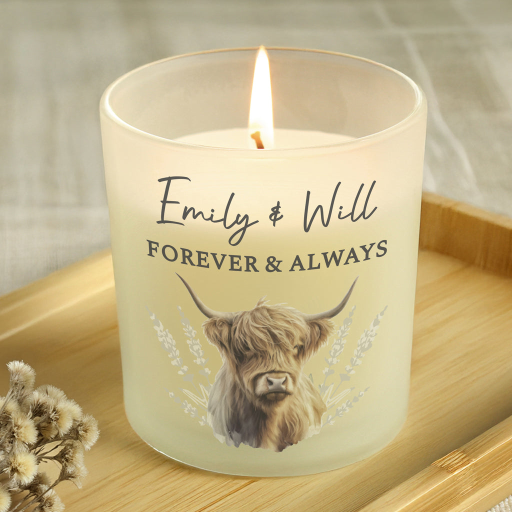 Personalised Highland Cow Frosted Glass Candle