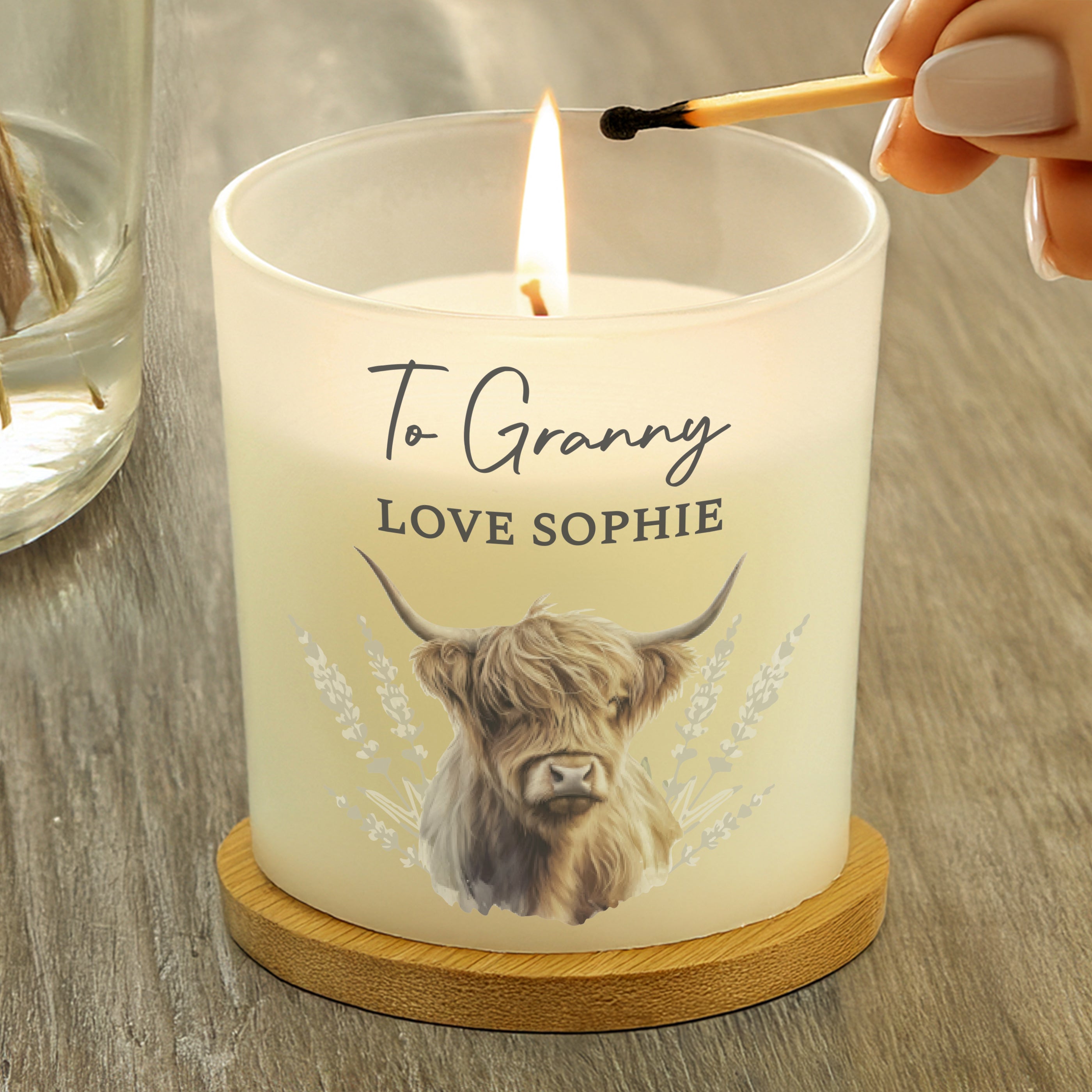 Personalised Highland Cow Frosted Glass Candle