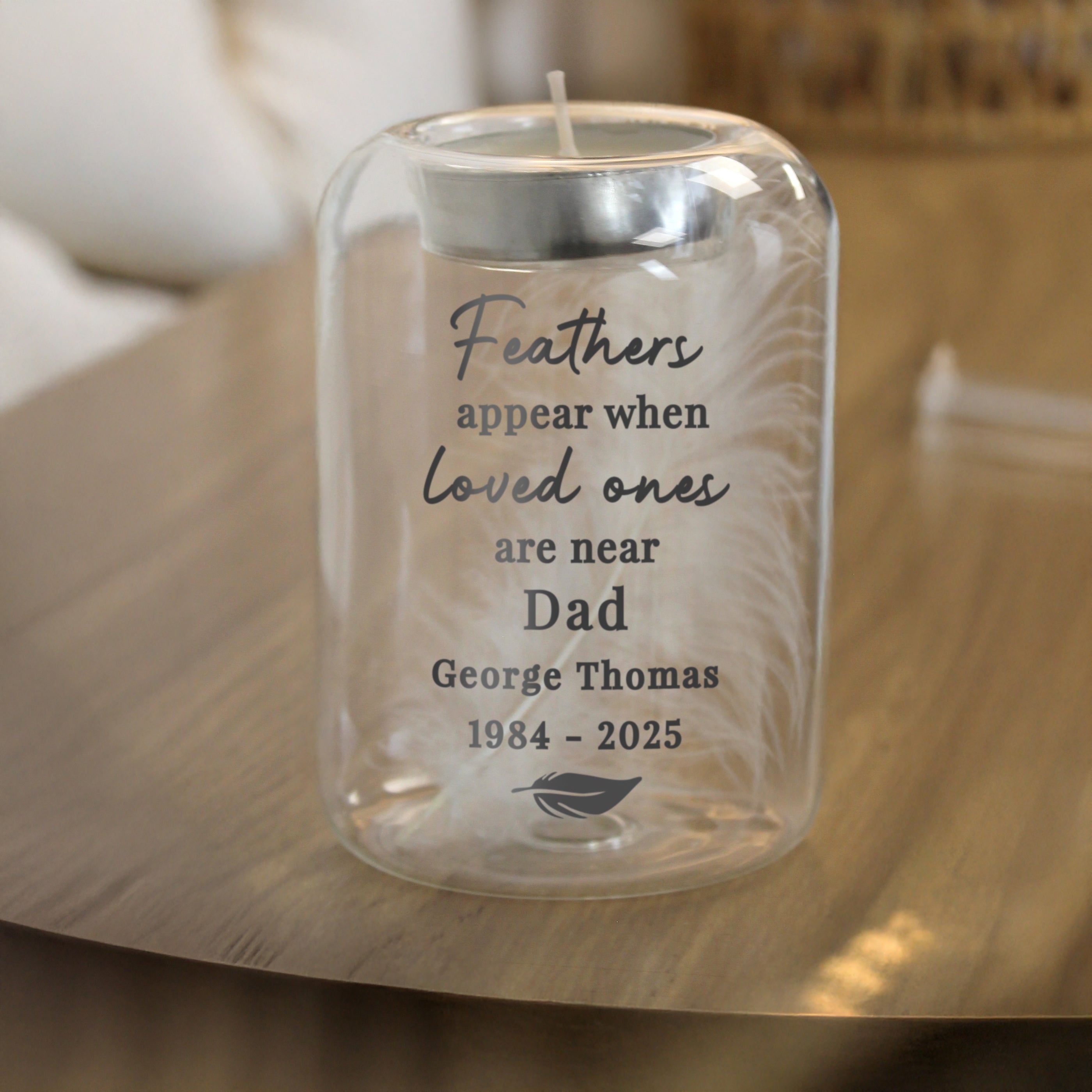 Personalised Loved Ones Memorial Feather Tealight Holder