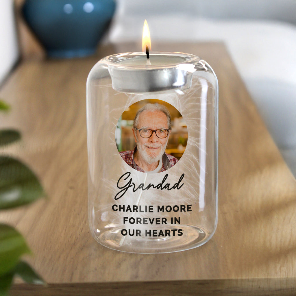 Personalised Photo Upload Memorial Feather Tealight Holder