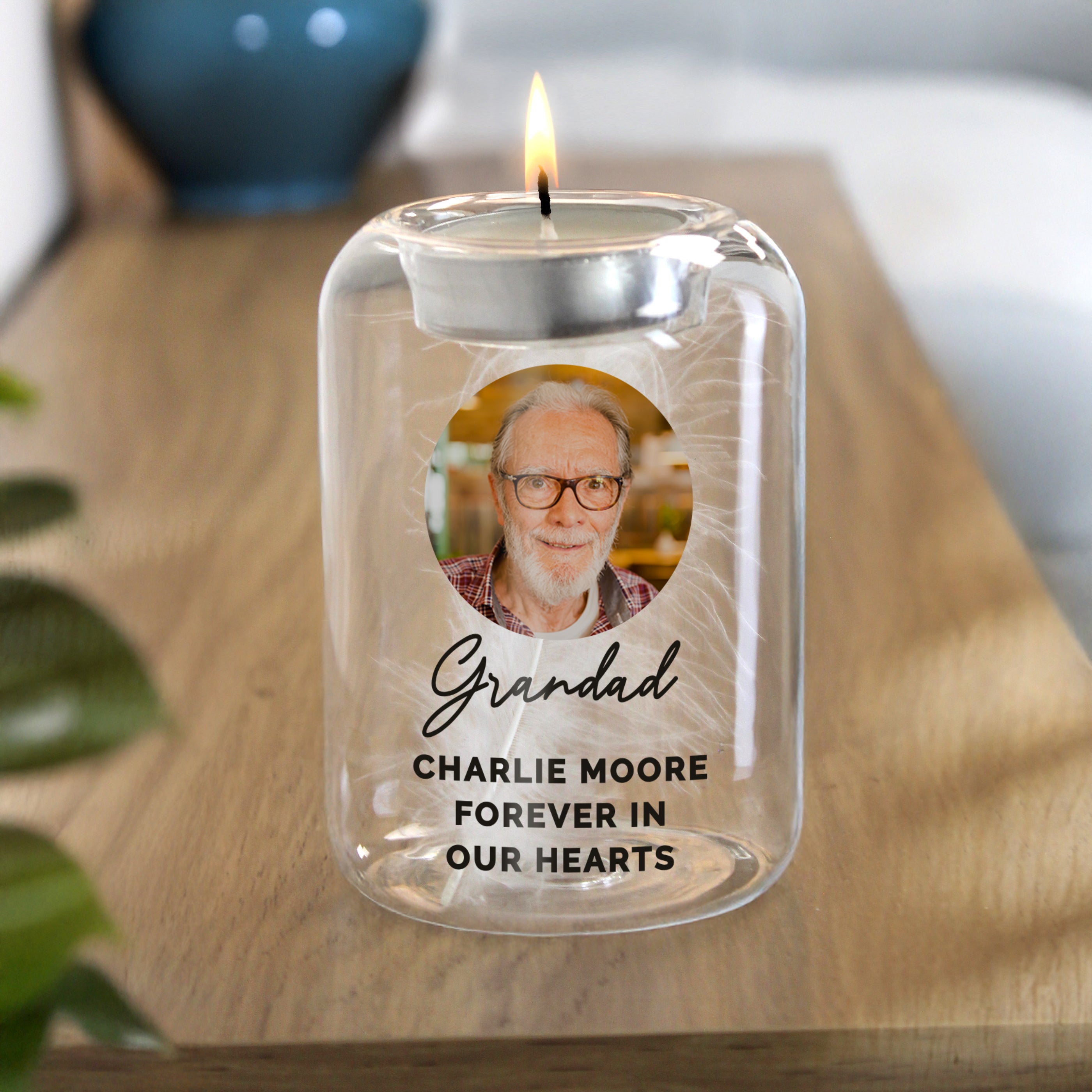 Personalised Photo Upload Memorial Feather Tealight Holder