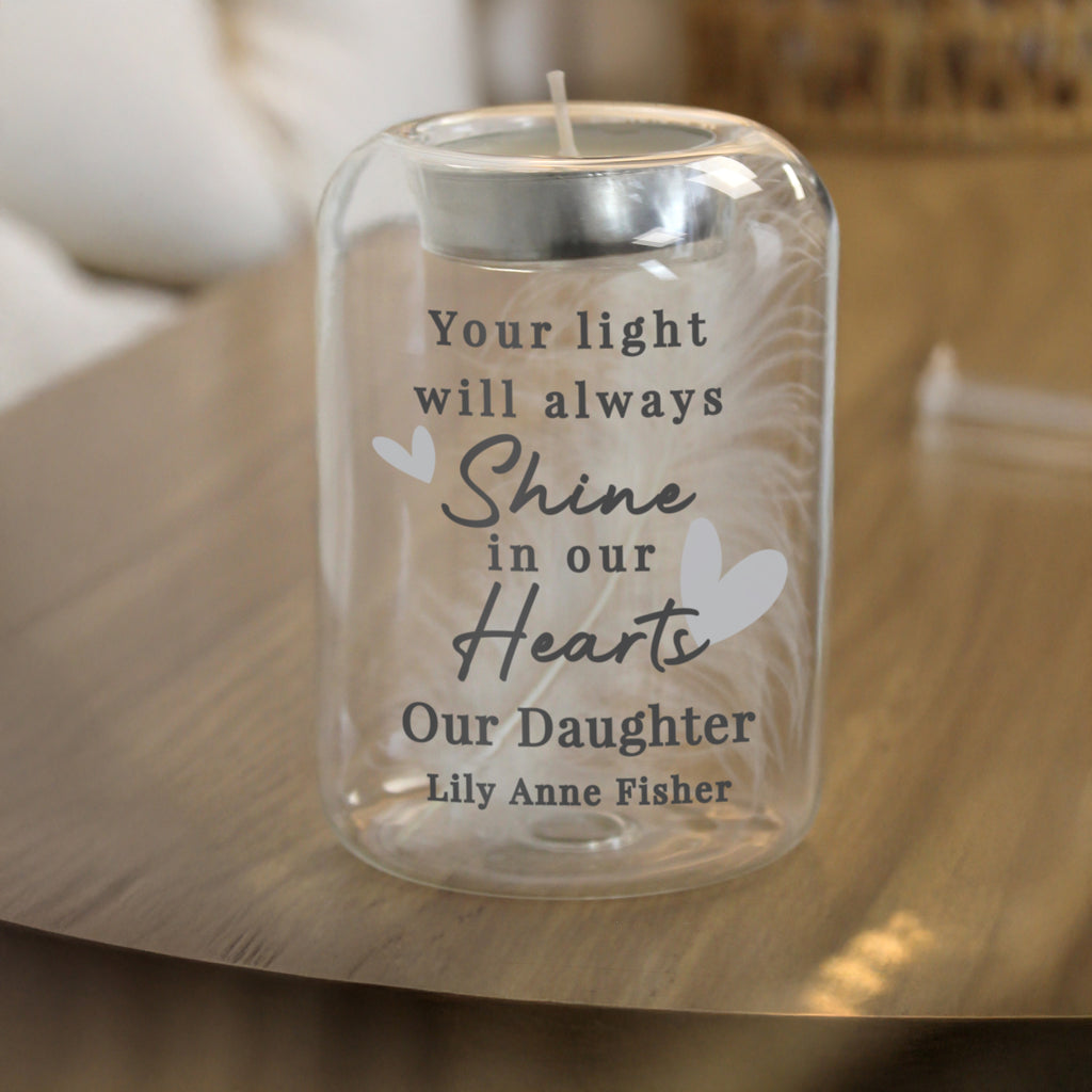 Personalised In Our Hearts Memorial Feather Tealight Holder