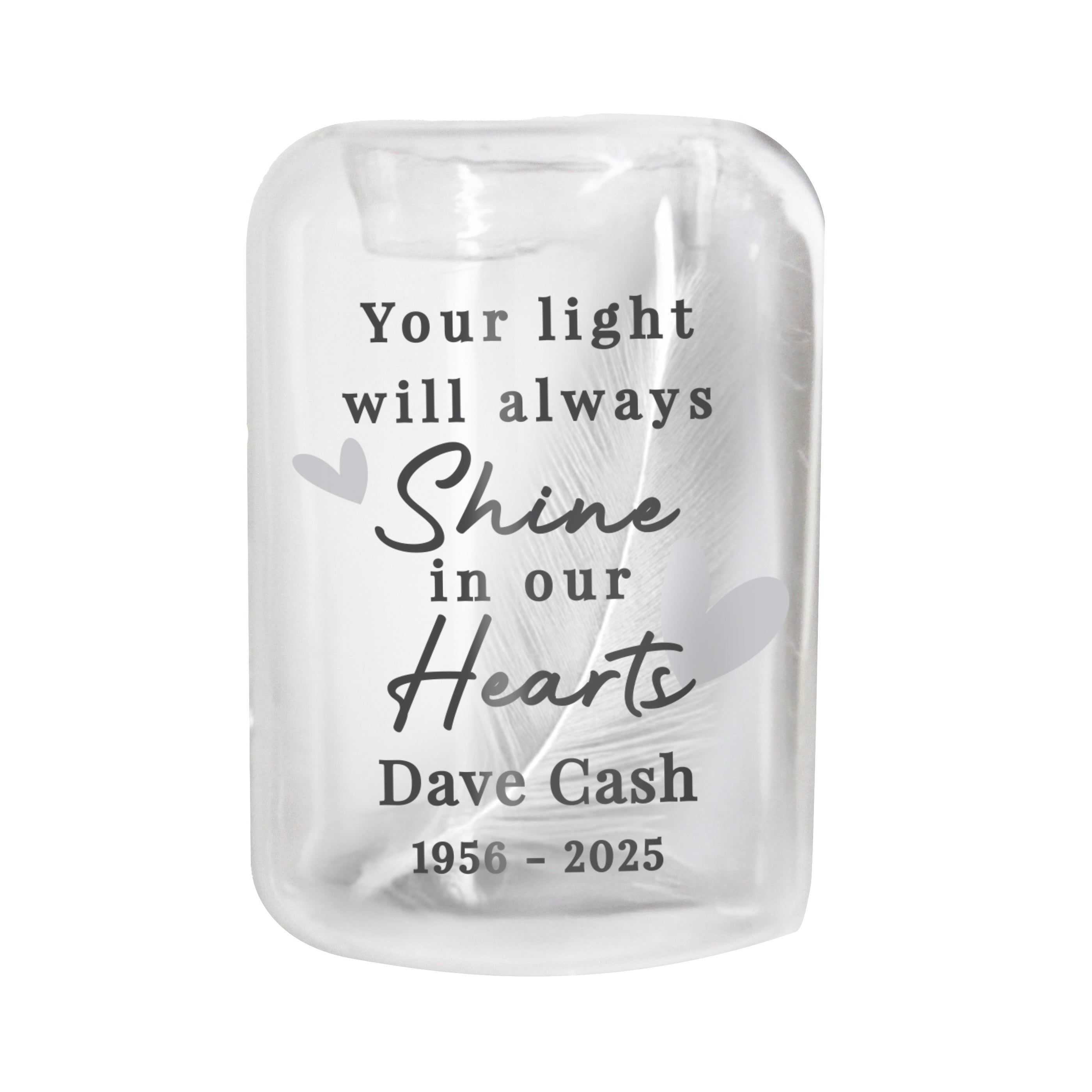 Personalised In Our Hearts Memorial Feather Tealight Holder