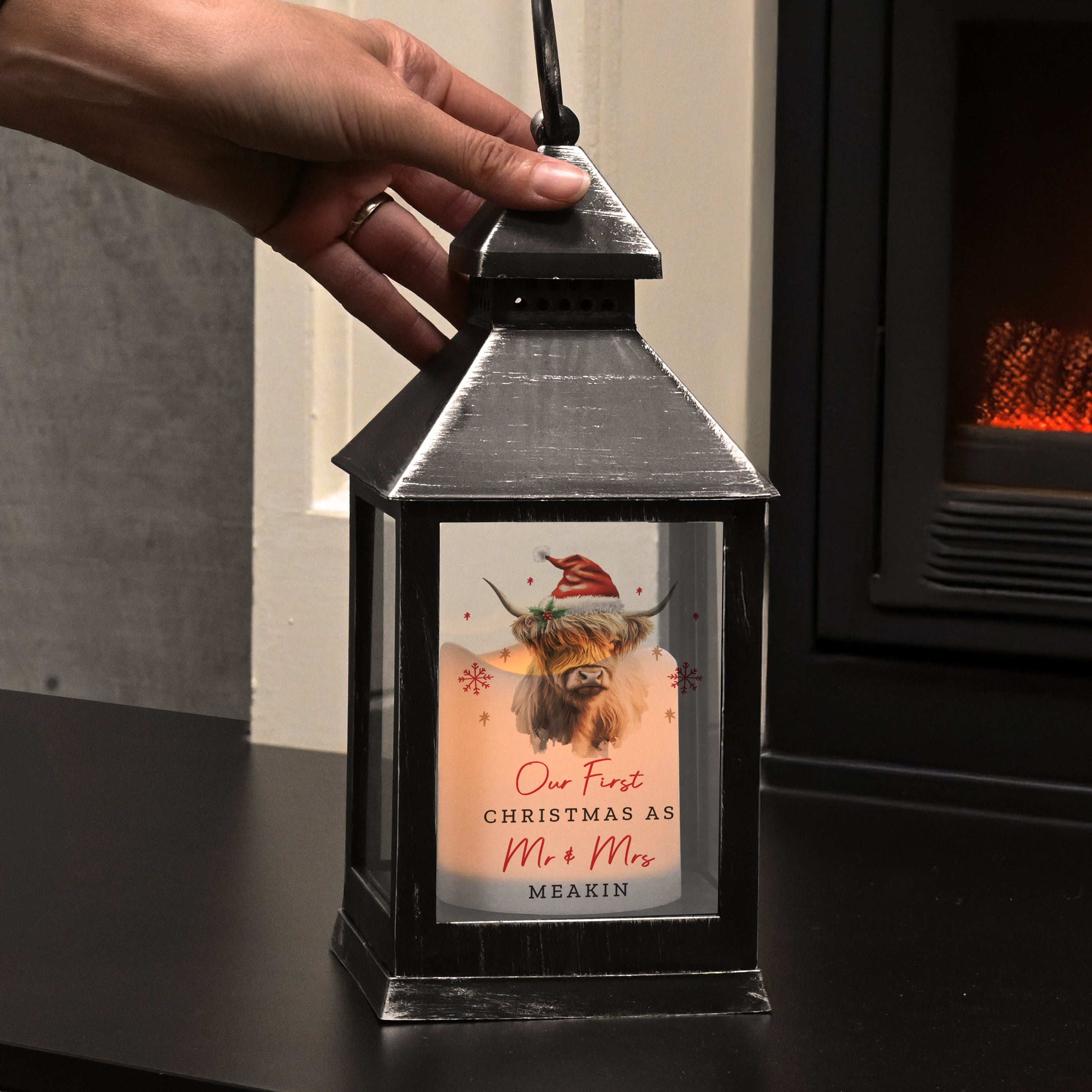 Personalised Highland Cow Christmas LED Lantern