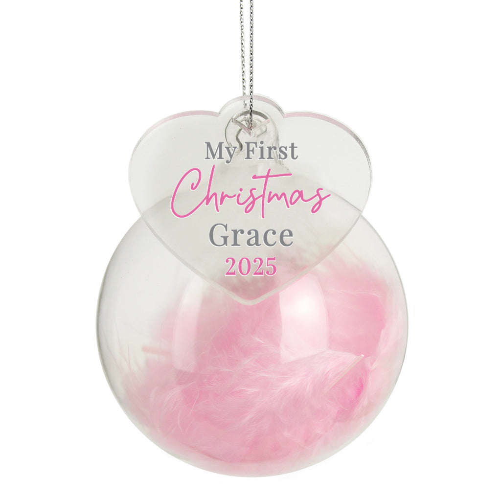 Personalised My 1st Christmas Pink Feather Bauble