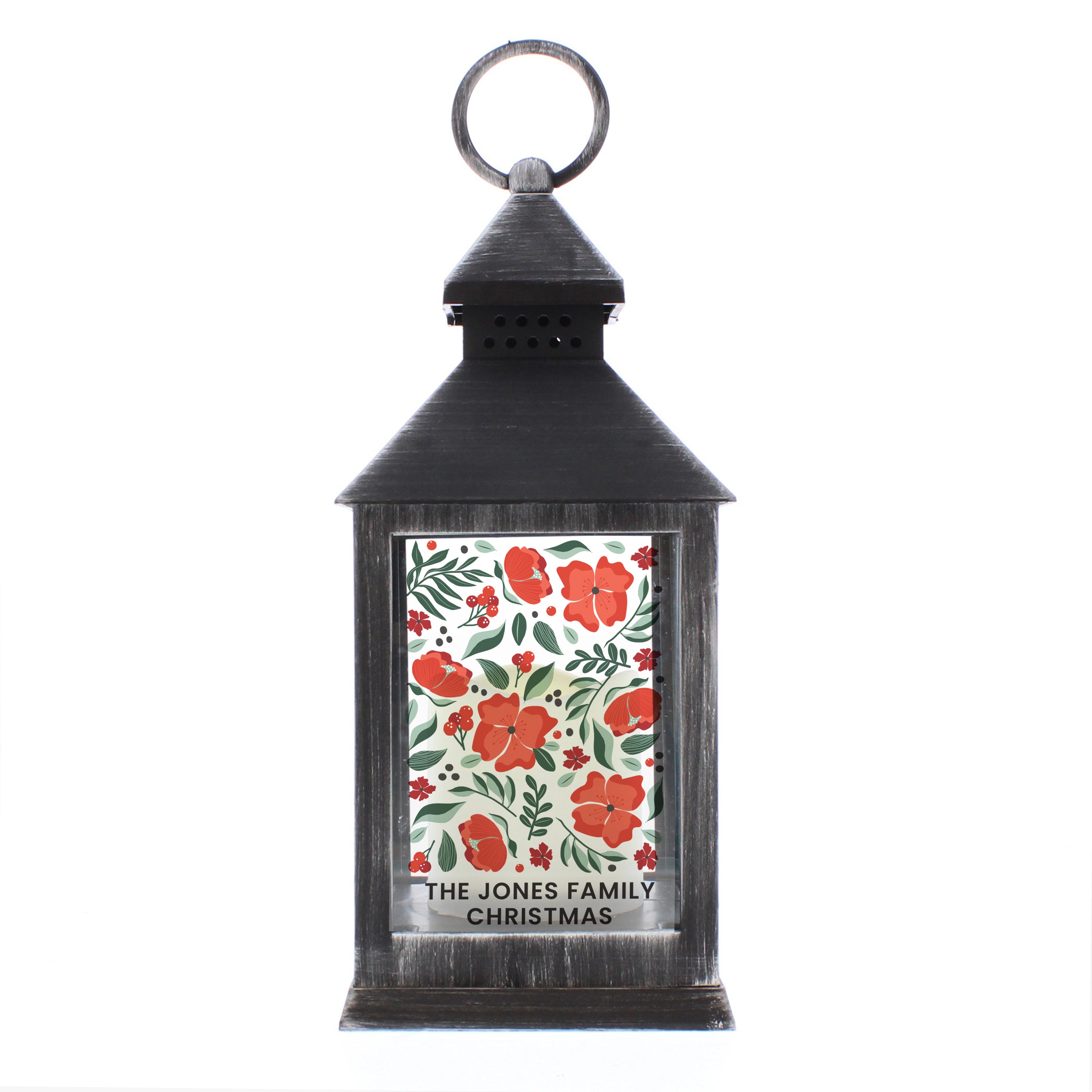 Personalised Poinsettia Black LED Lantern