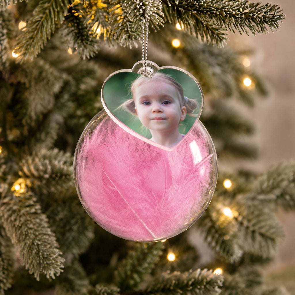 Personalised Photo Upload Pink Feather Glass Bauble