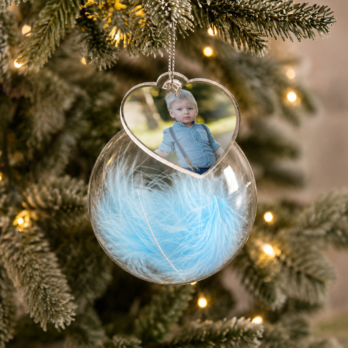 Personalised Photo Upload Blue Feather Glass Bauble