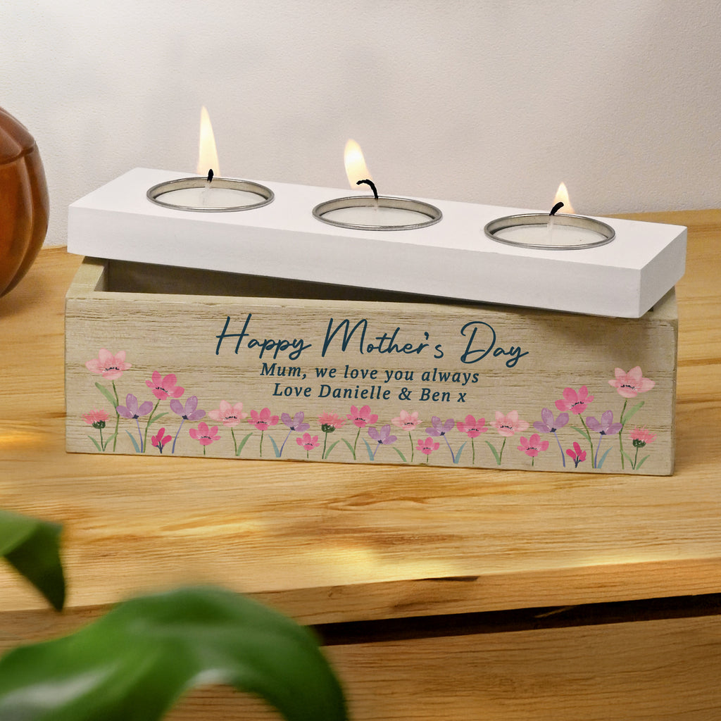 Personalised Floral Wooden Triple Tea Light Box