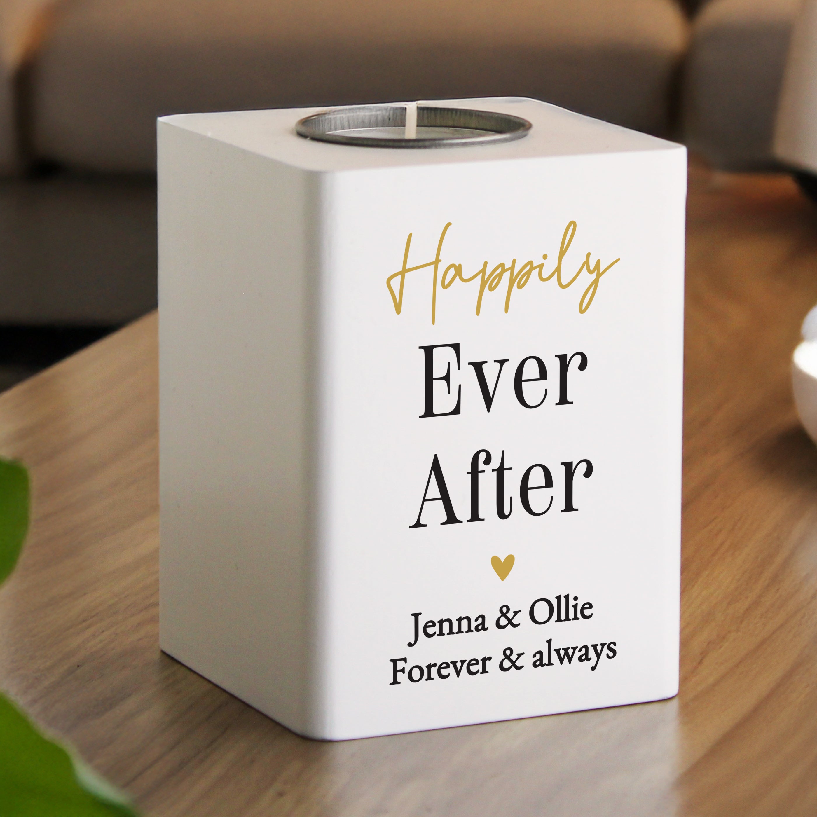 Personalised Black & Gold Free Text White Wooden Tealight