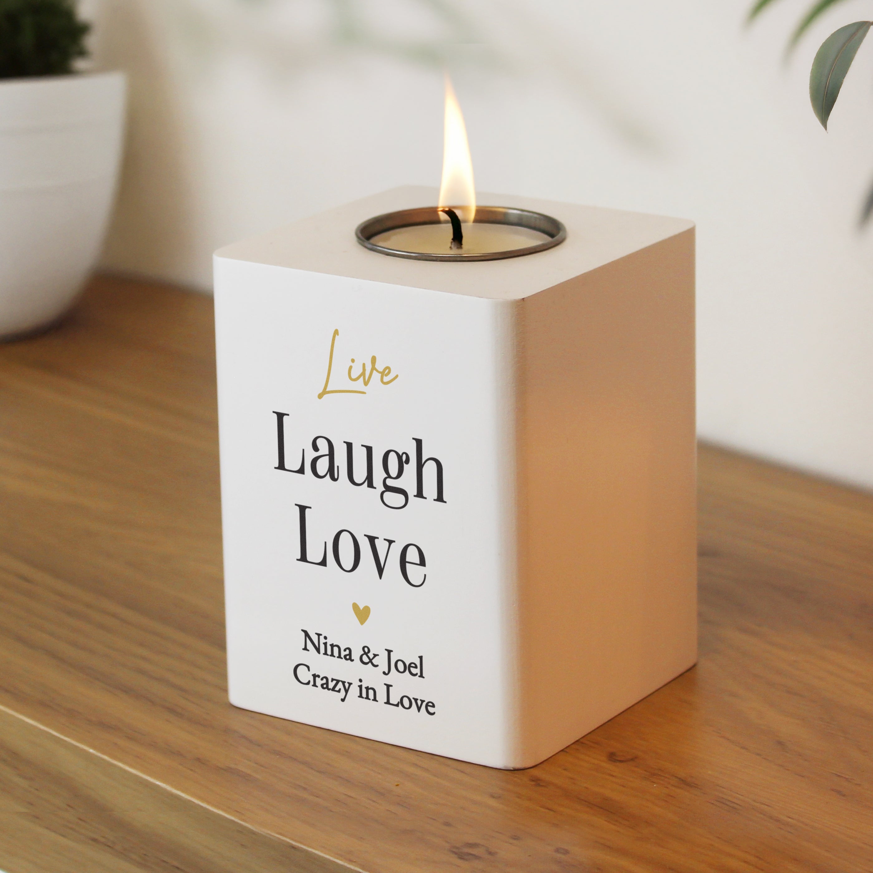 Personalised Black & Gold Free Text White Wooden Tealight