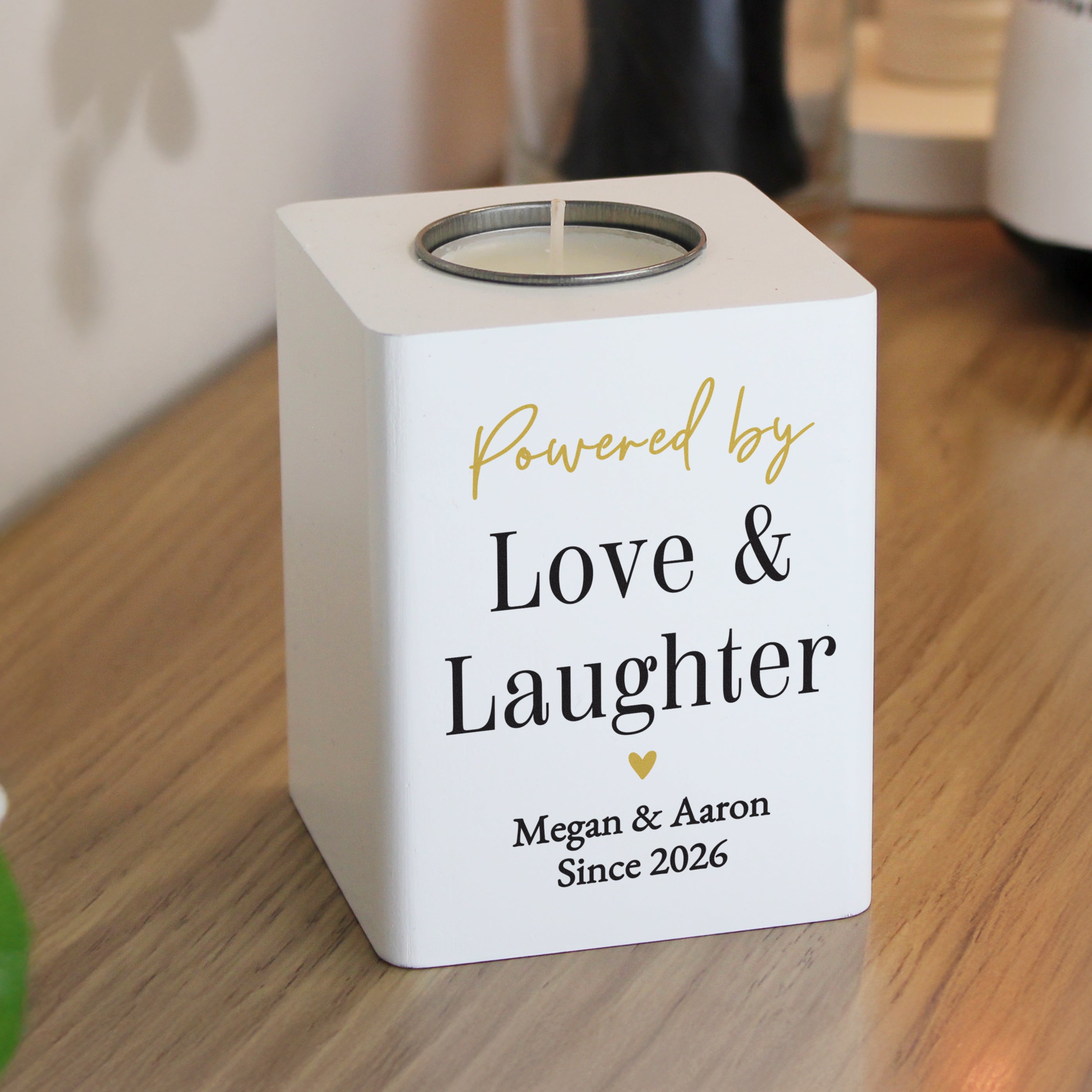 Personalised Black & Gold Free Text White Wooden Tealight
