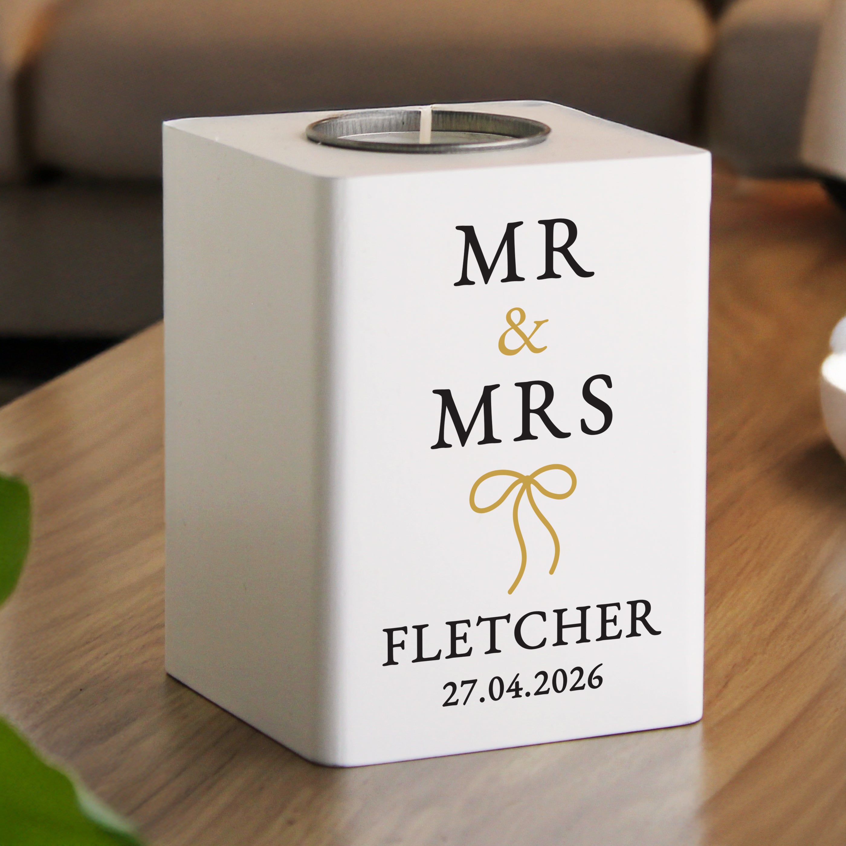 Personalised Black & Gold White Wooden Tealight