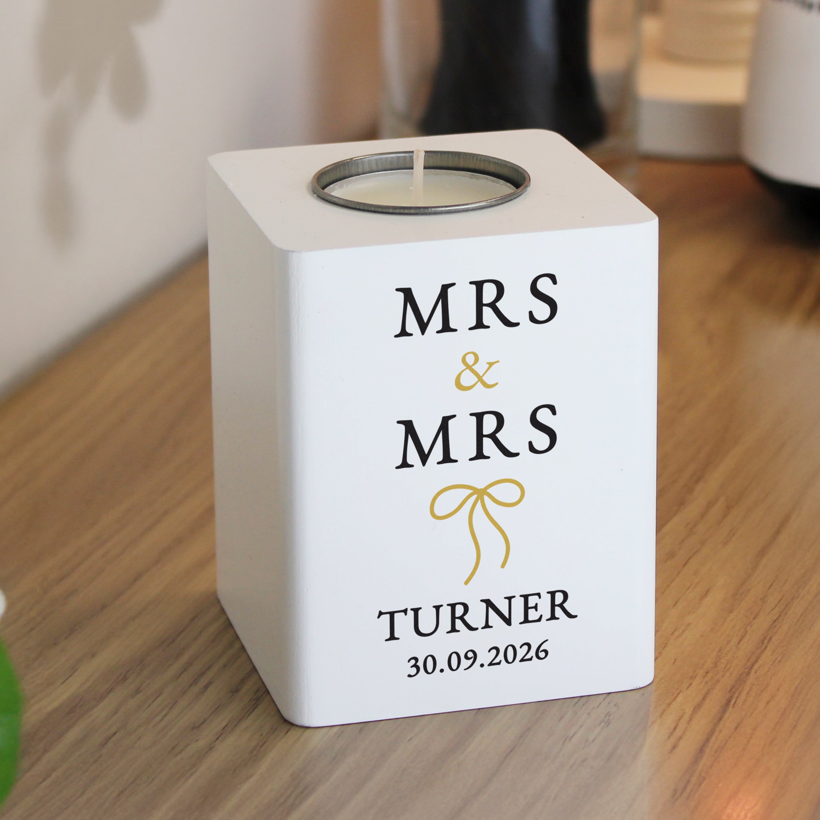 Personalised Black & Gold White Wooden Tealight