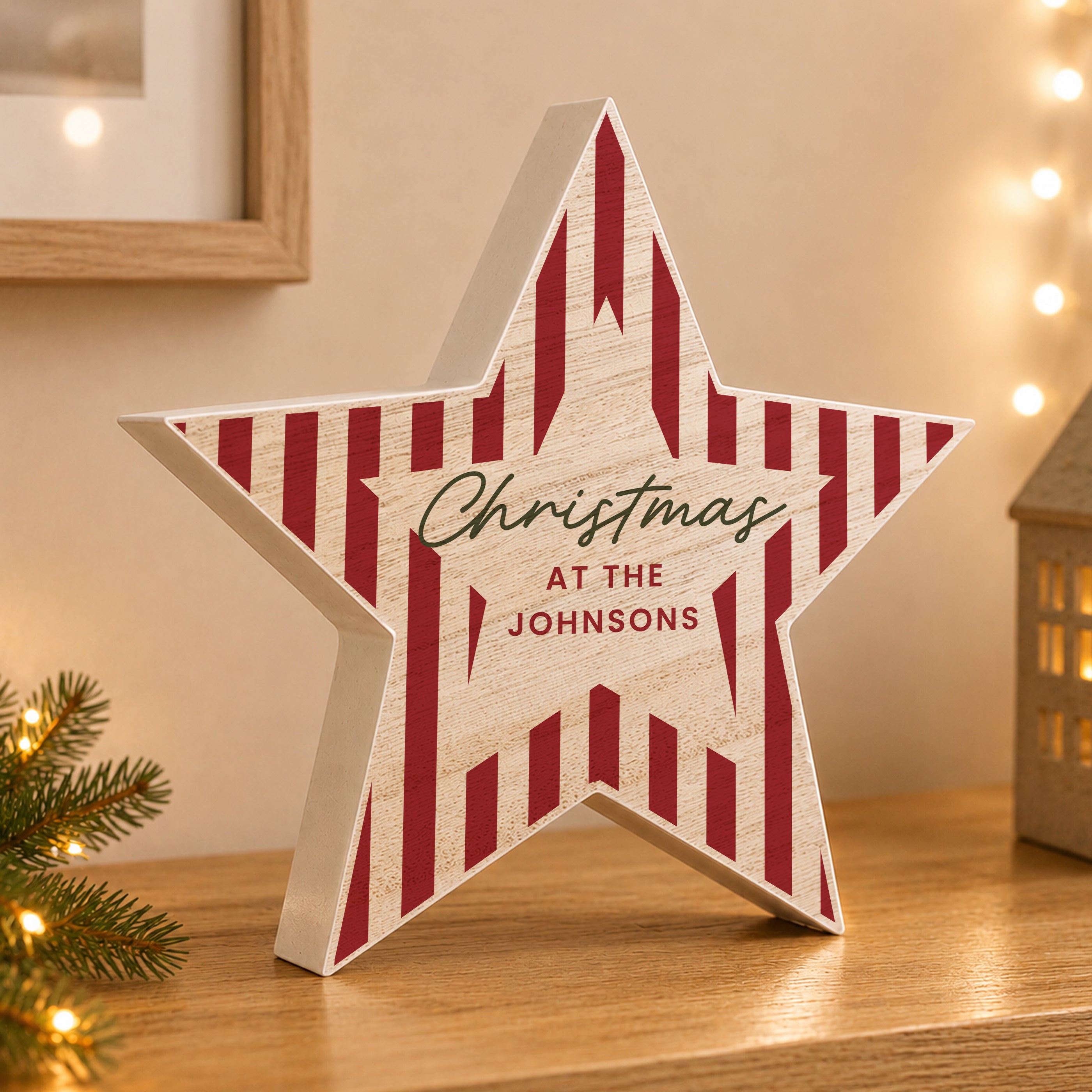 Personalised Candy Cane Stripes Wooden Star Ornament