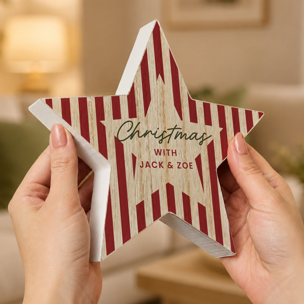 Personalised Candy Cane Stripes Wooden Star Ornament