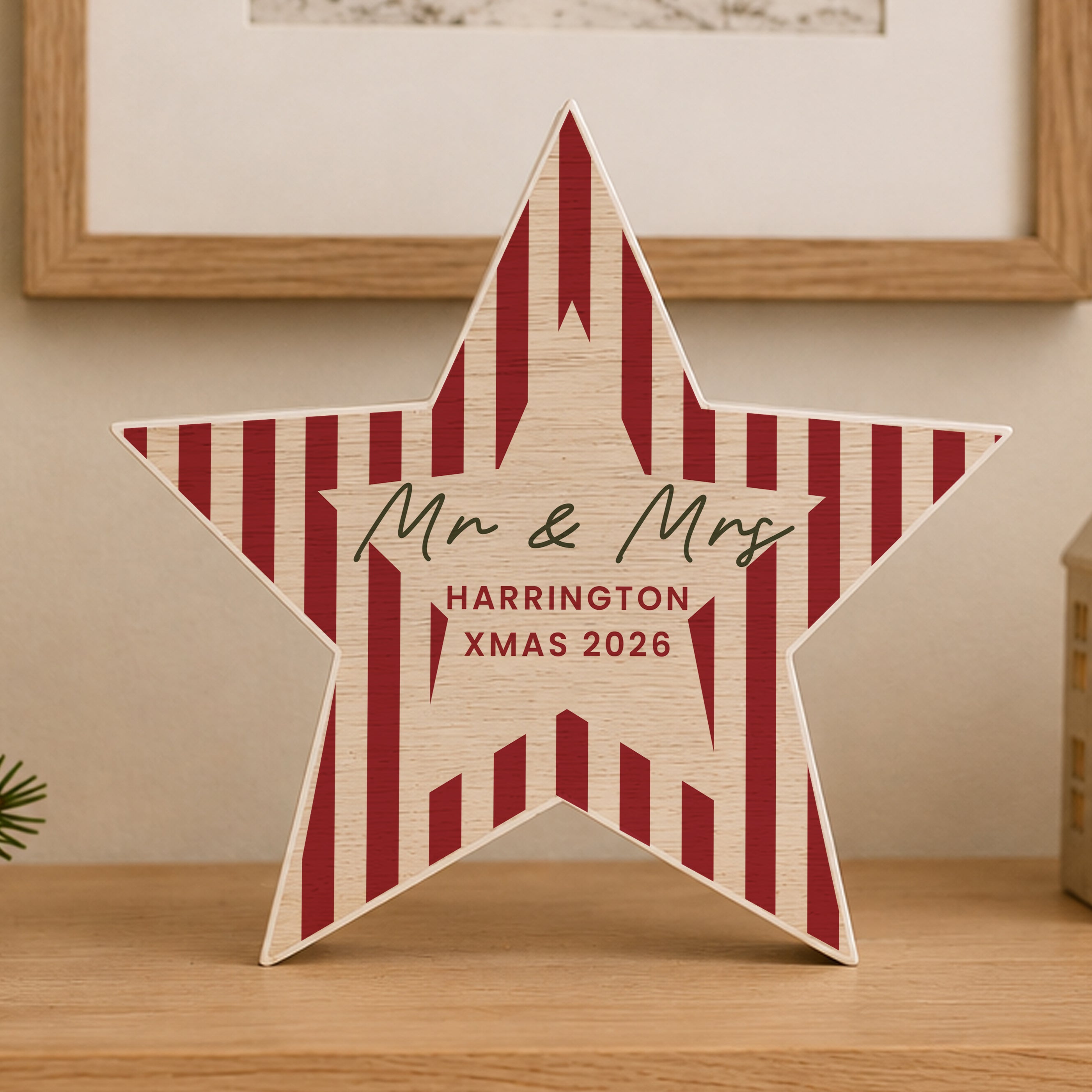 Personalised Candy Cane Stripes Wooden Star Ornament