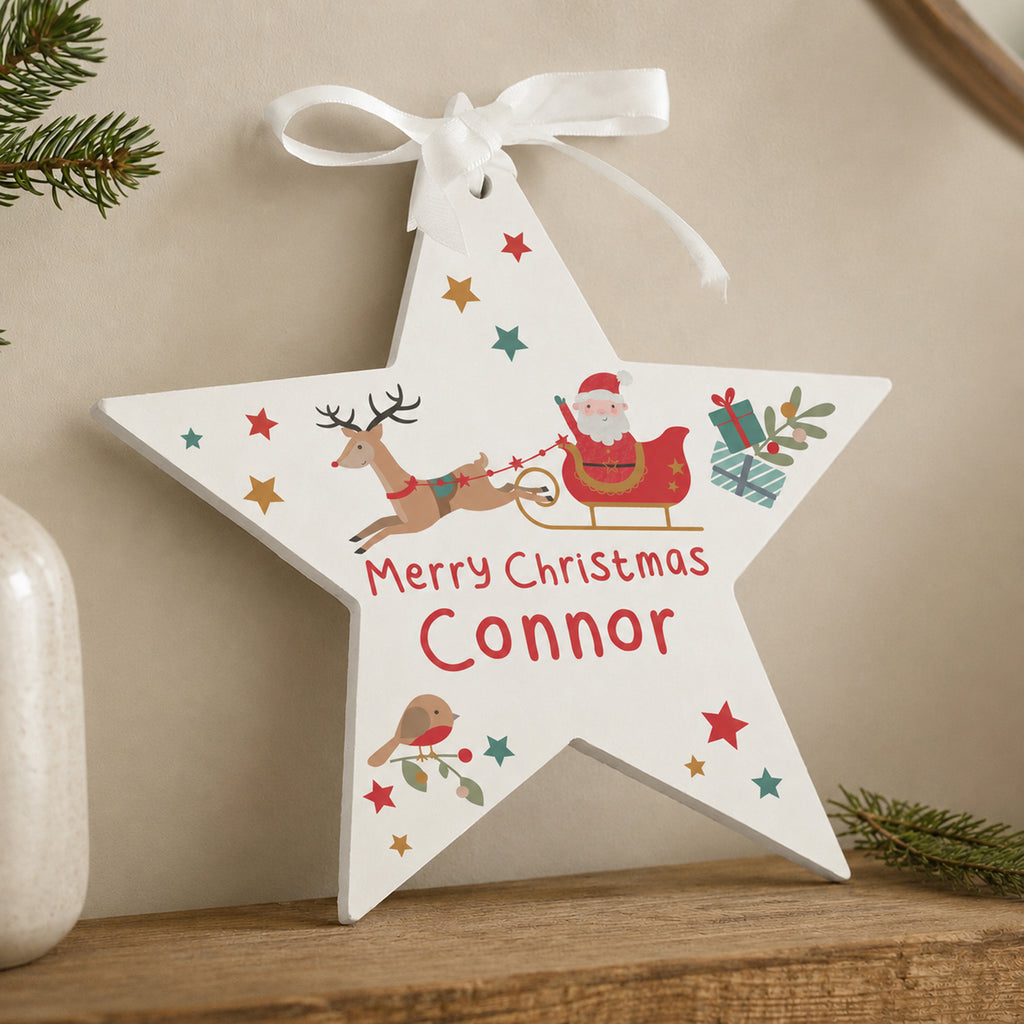Personalised Santa & Reindeer Wooden Star Decoration