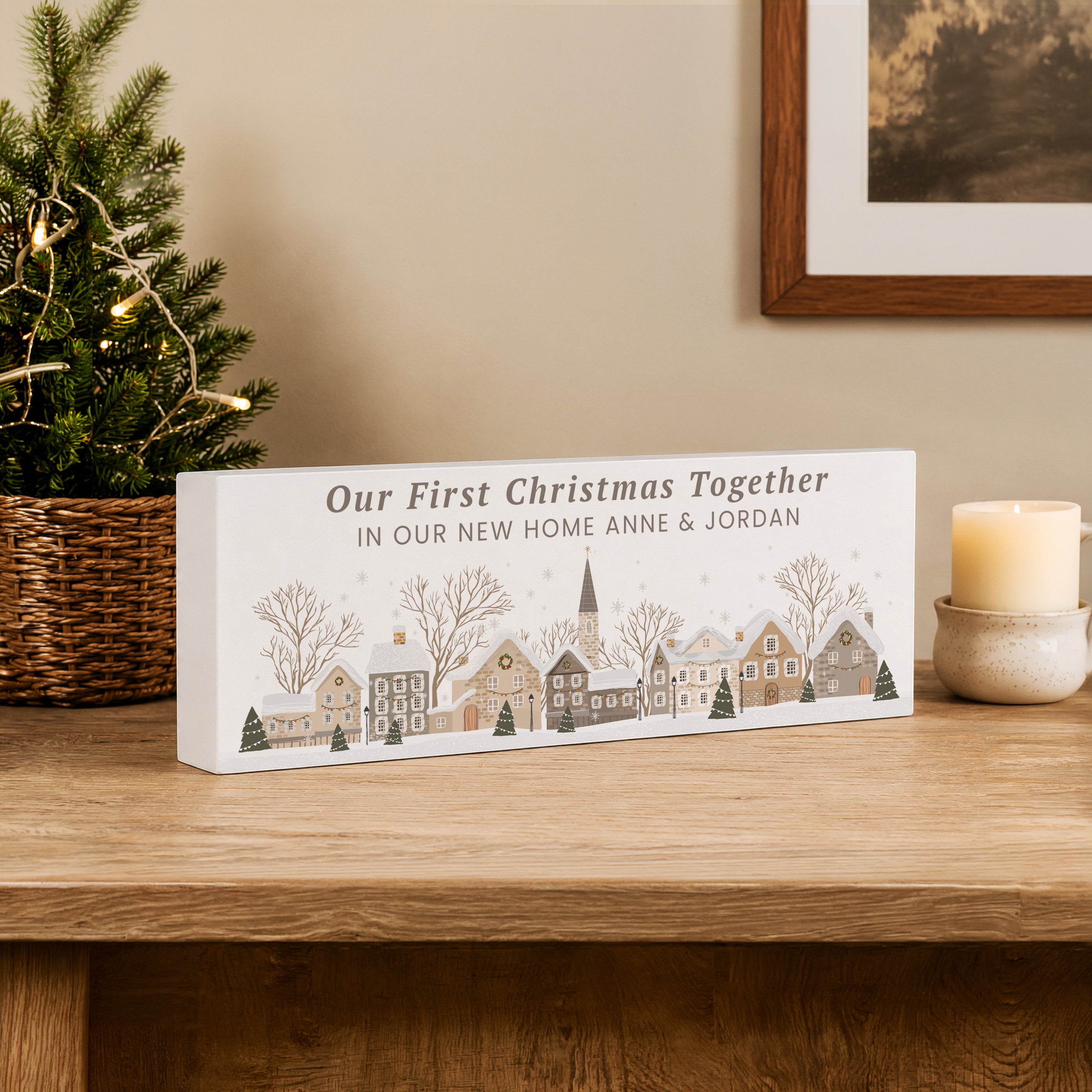 Personalised Christmas House Scene Wooden Mantle Block