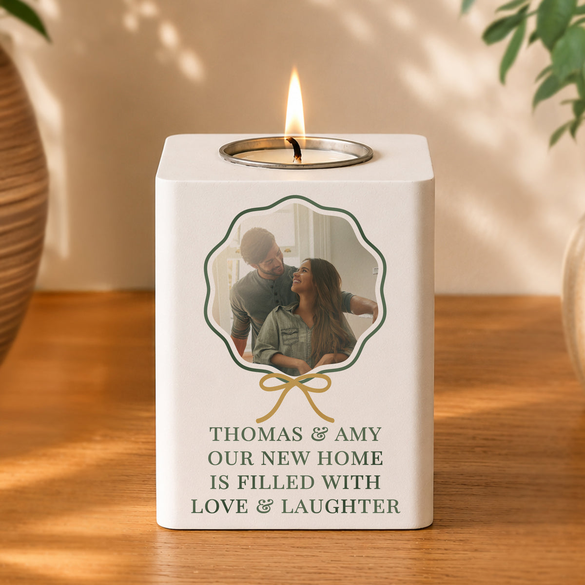 Personalised Scallop Bow Photo Upload White Wooden Tealight Holder