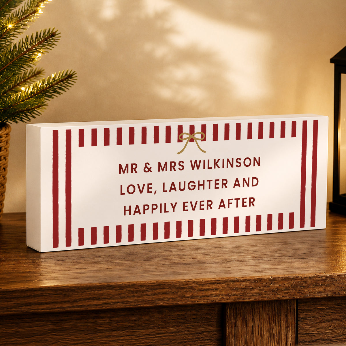 Personalised Candy Cane Stripe Wooden Mantle Block