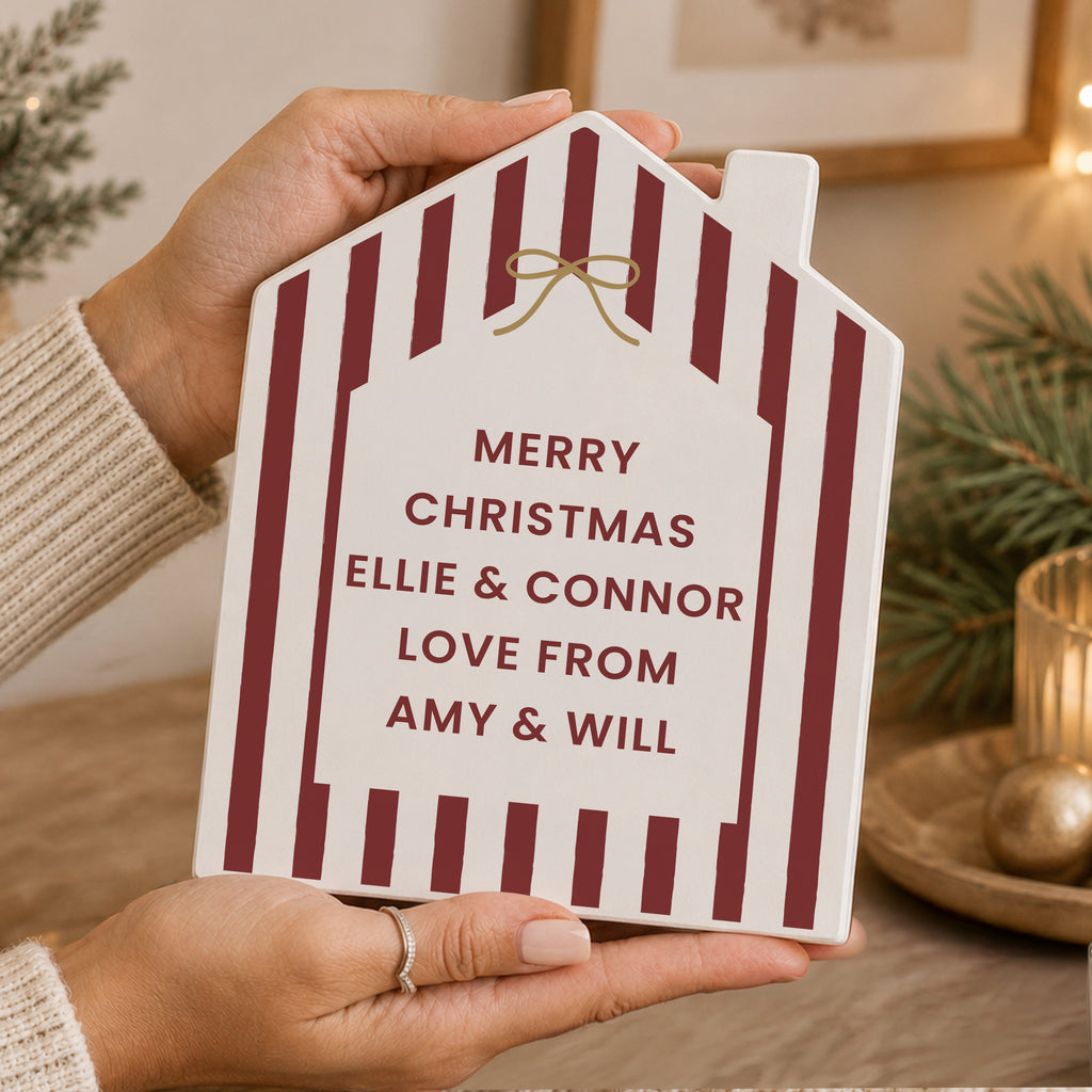 Personalised Candy Cane Stripe Wooden House Ornament