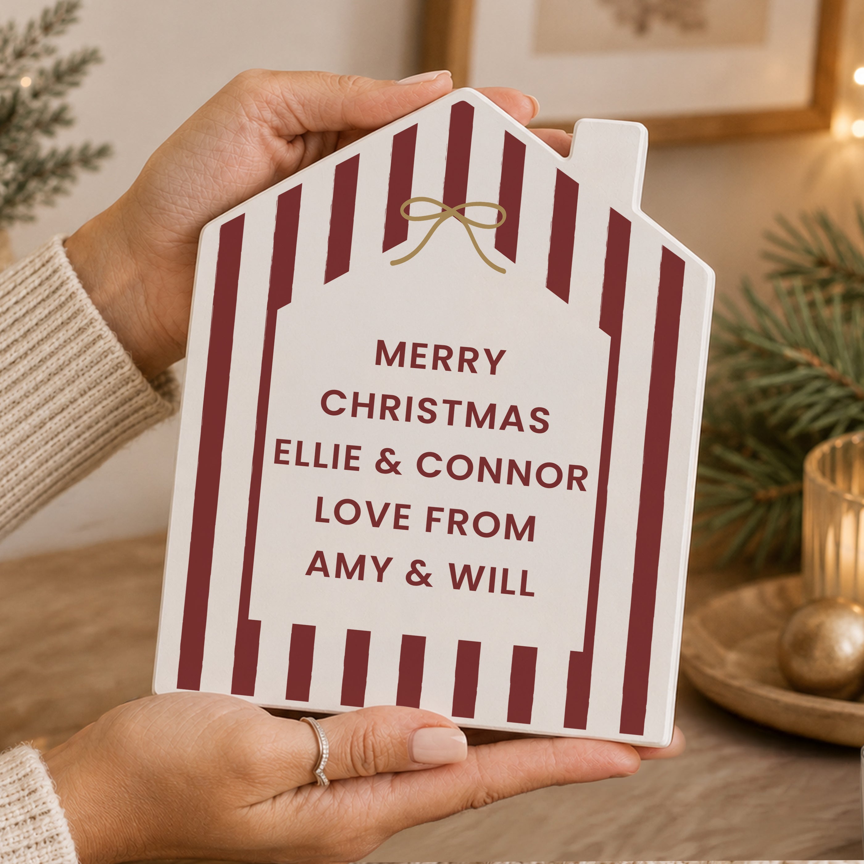 Personalised Candy Cane Stripe Wooden House Ornament