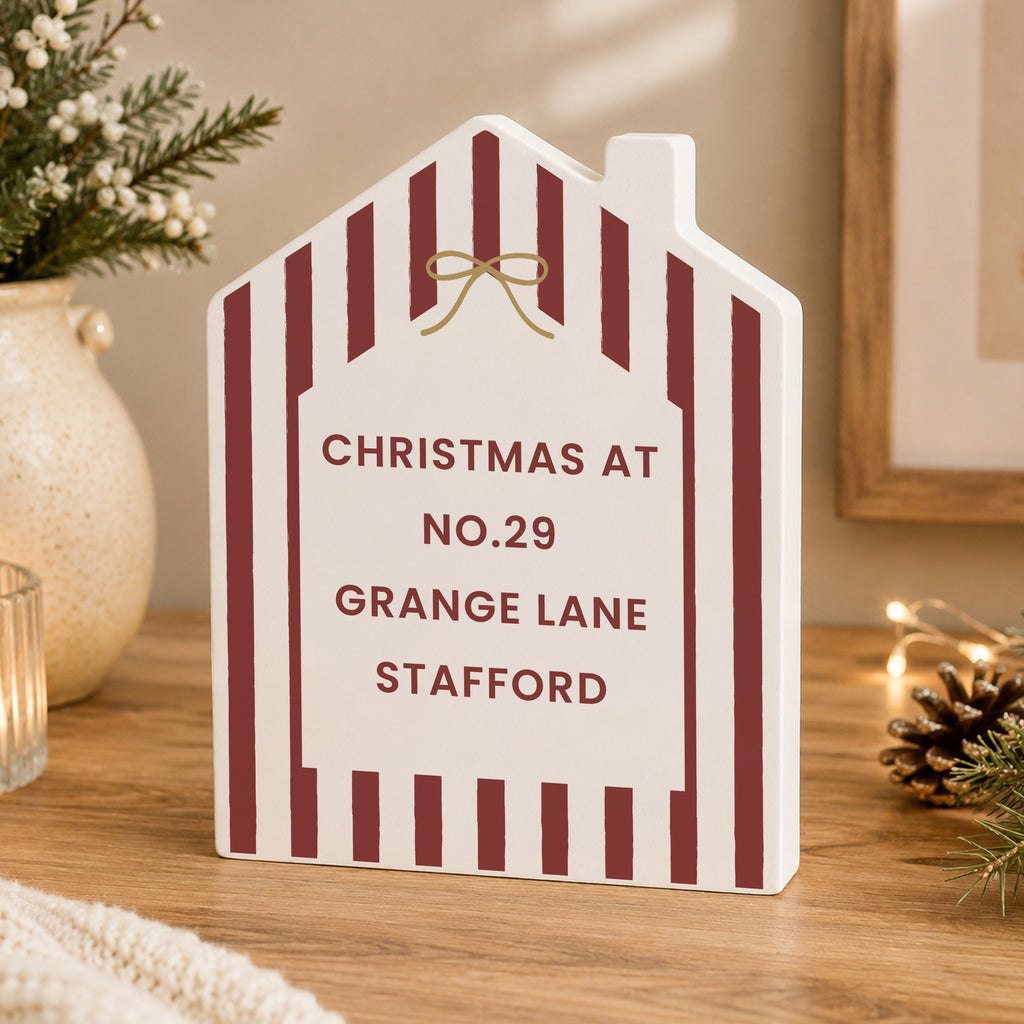 Personalised Candy Cane Stripe Wooden House Ornament