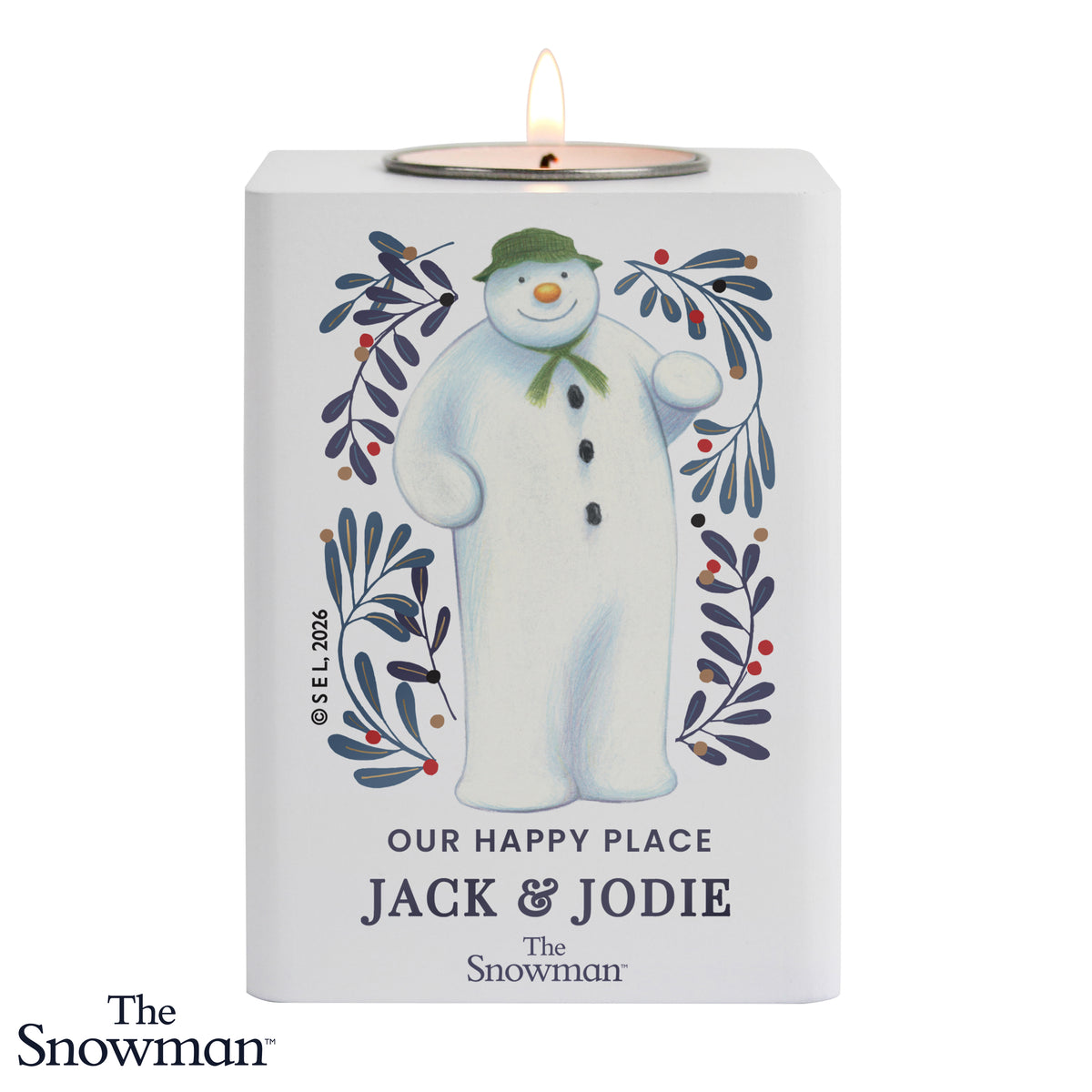 Personalised The Snowman Botanical Wooden Tealight