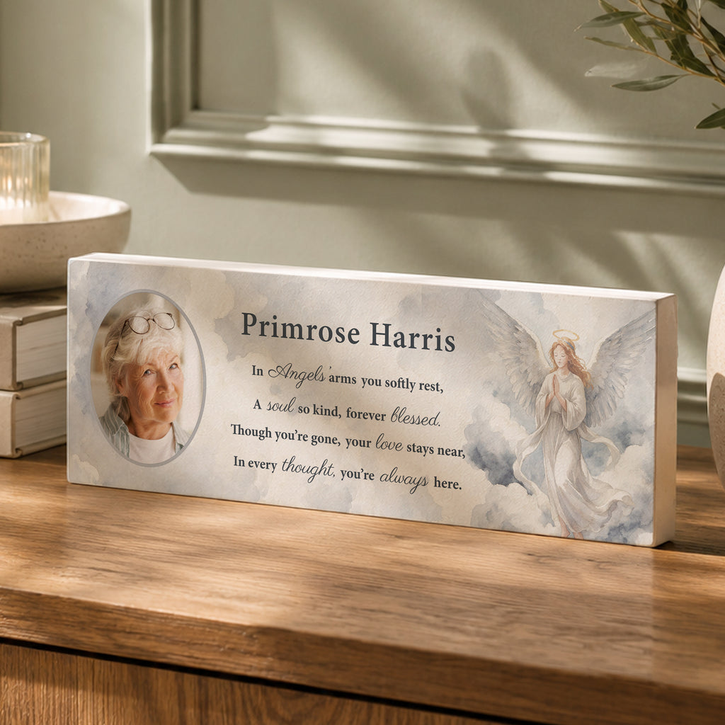 Personalised Memorial Angel Photo Upload Wooden Mantle Block