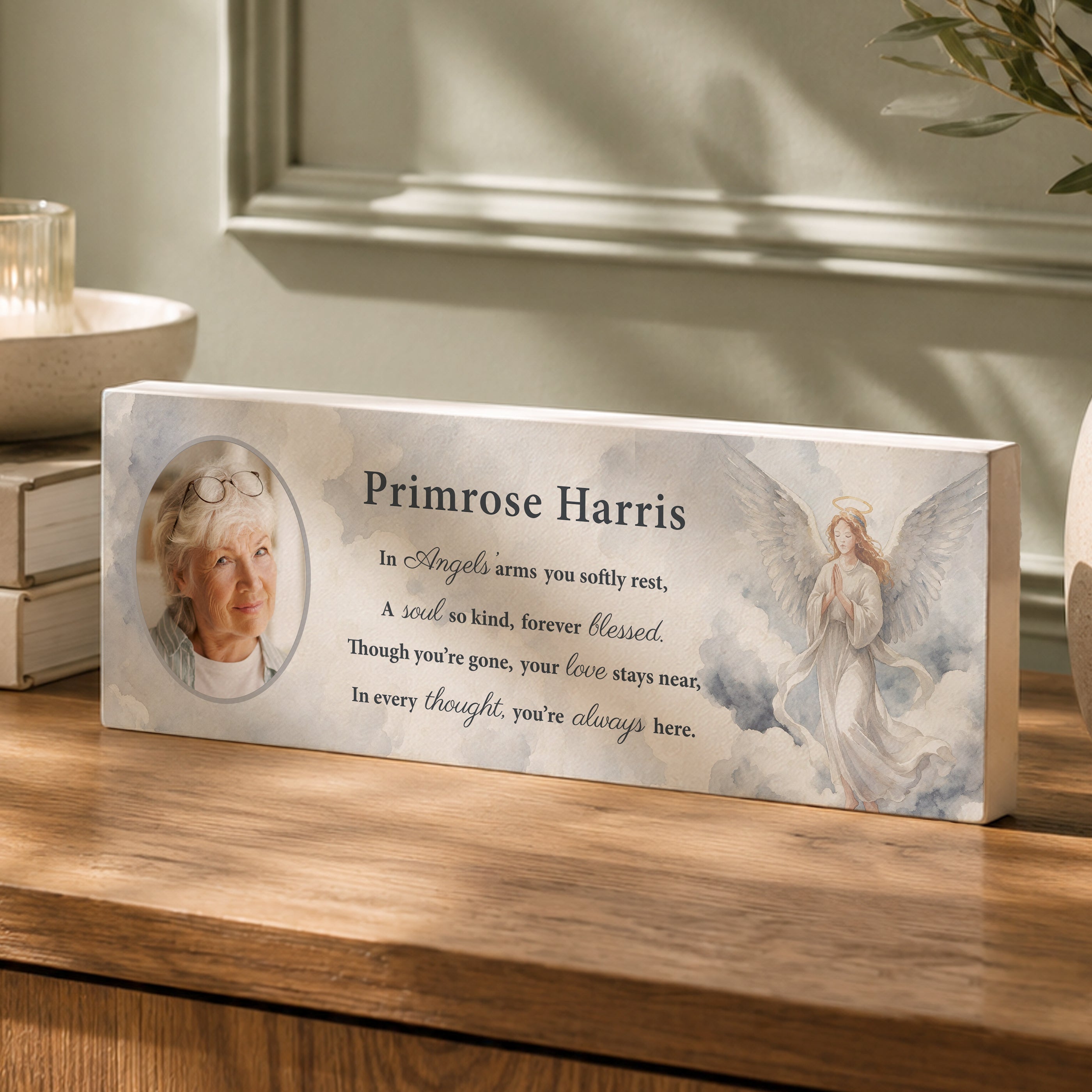 Personalised Memorial Angel Photo Upload Wooden Mantle Block