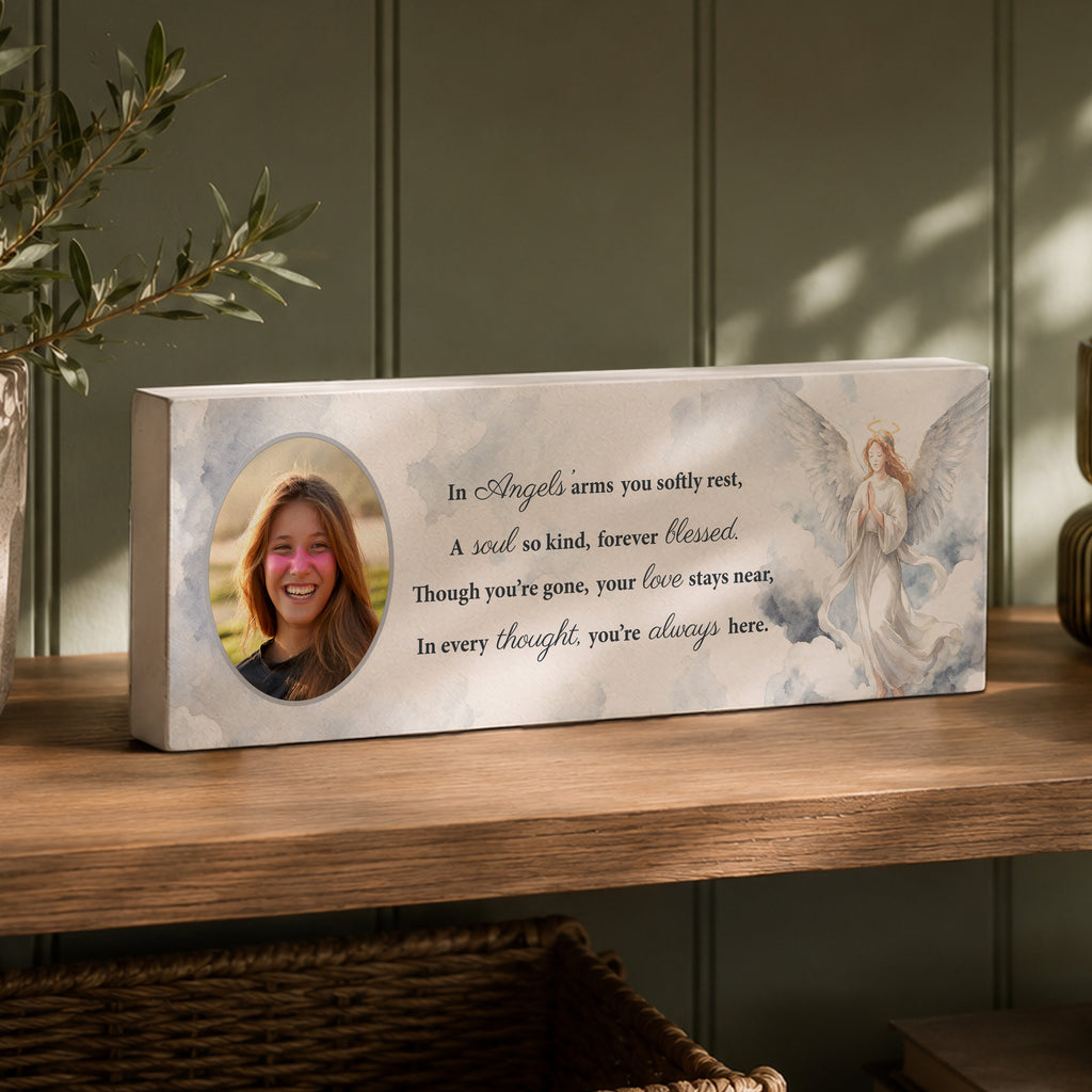 Personalised Memorial Angel Photo Upload Wooden Mantle Block